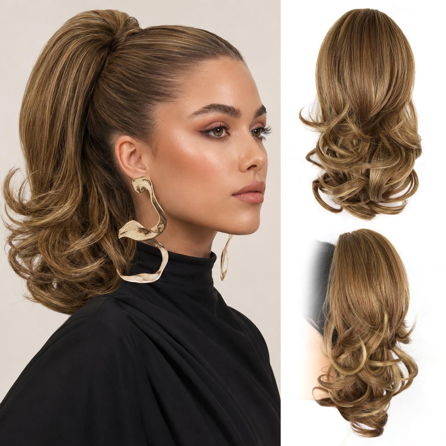 Photo 1 of 14 Inch Ponytail Extension - Soft Wavy Pony Tails Hair Extensions, Claw Clip Ponytail Extension, Synthetic Hair Extensions Ponytail, Clip in Ponytail (Color: Light Brown With Blonde Highlights)