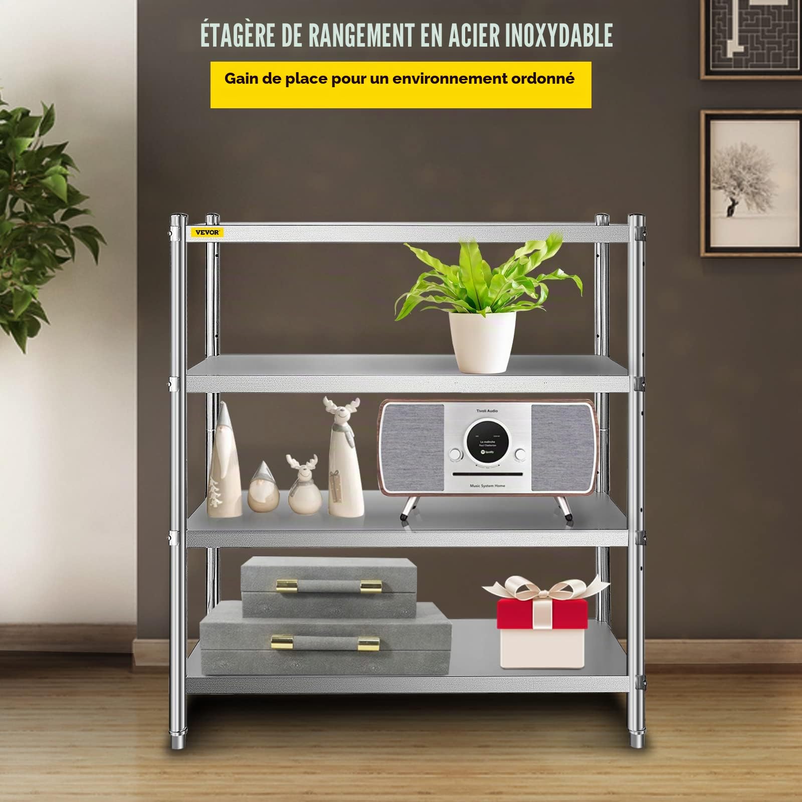 VBENLEM Étagères Inox de Rangement de Cuisine Capacité de Charge 150 kg Table à Épices à 4 Niveaux avec Accessoires d'Assemblage Meuble pour Cuisine Garage Atelier Entrepôt Balcon 122x48x150 cm