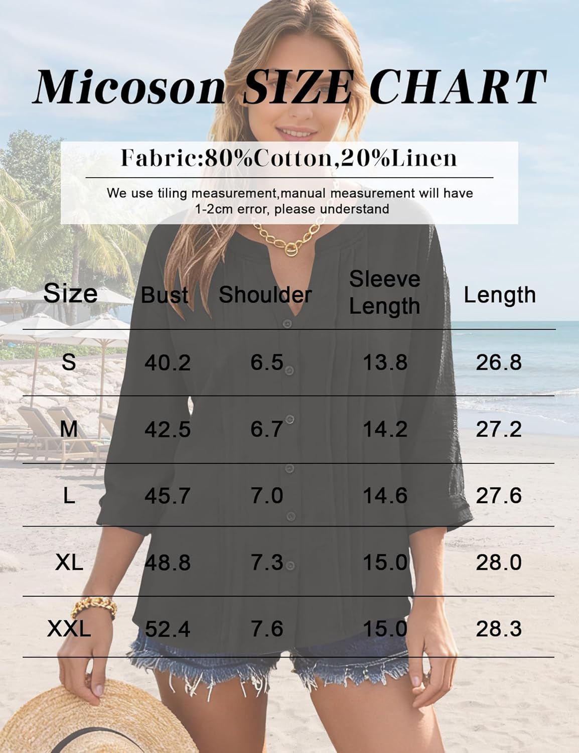 Micoson Womens 3/4 Sleeve Tops Cotton Linen Button Down Shirts V Neck Pleated Casual Loose Blouses Roll Up Sleeve Shirt - Image 6