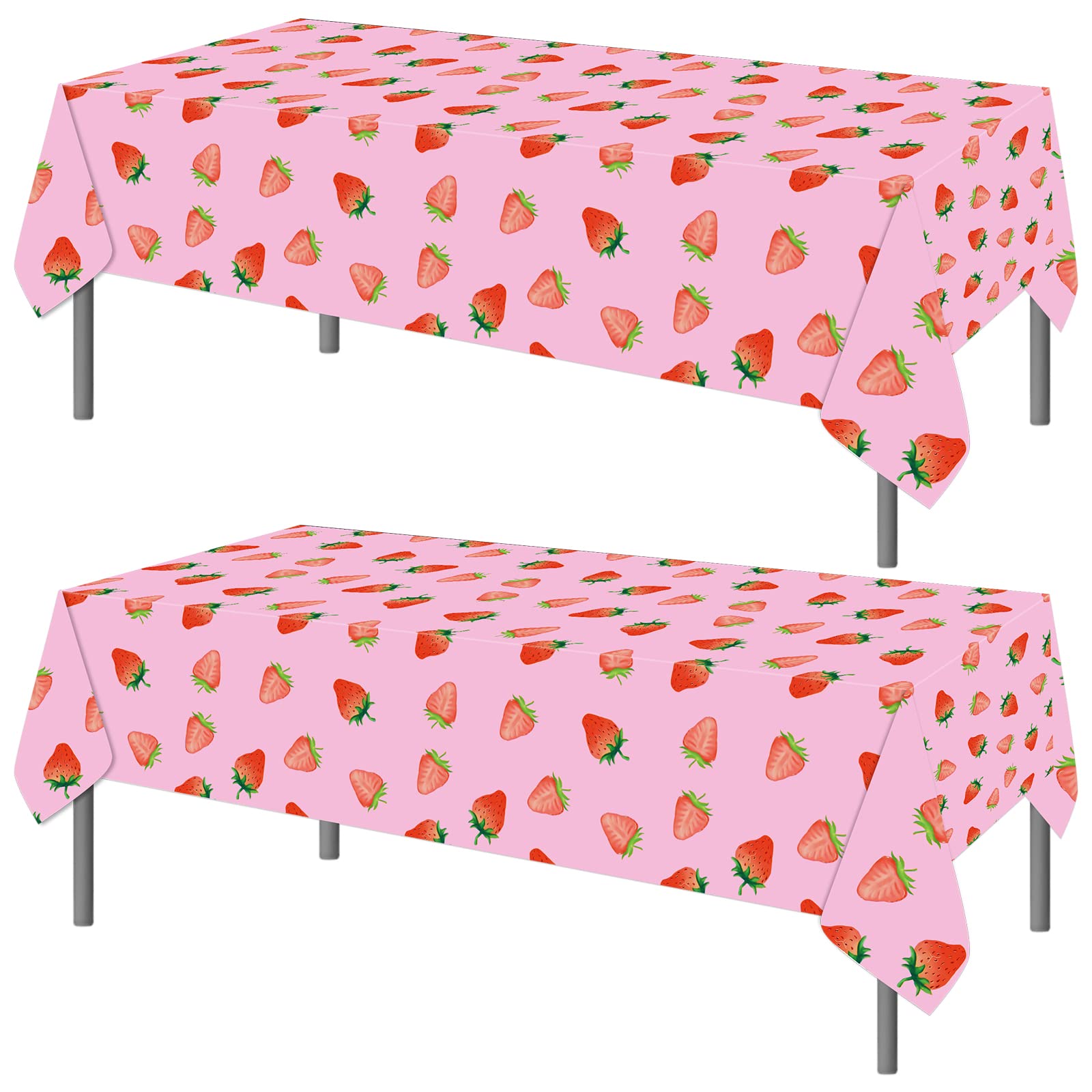 PHOGARY 2 PCS Strawberry Tablecloth for Strawberry Party Decorations, Disposable Plastic Rectangle Strawberry Table Cloth for Kids Girls Strawberry Birthday Decorations Strawberry Baby Shower 54"X108"