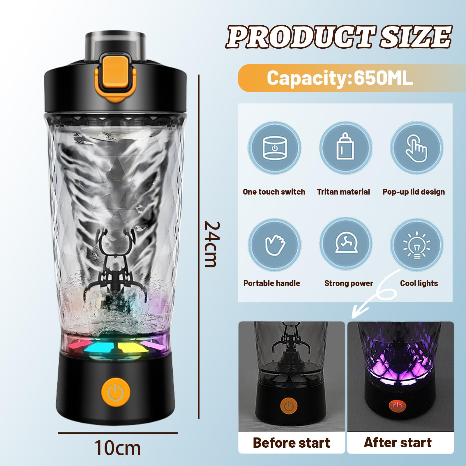 flintronic Shaker électrique à protéines - 650 ml - Mixeur automatique de protéines - Rechargeable par USB C - Pour shakes protéinés - Sans BPA