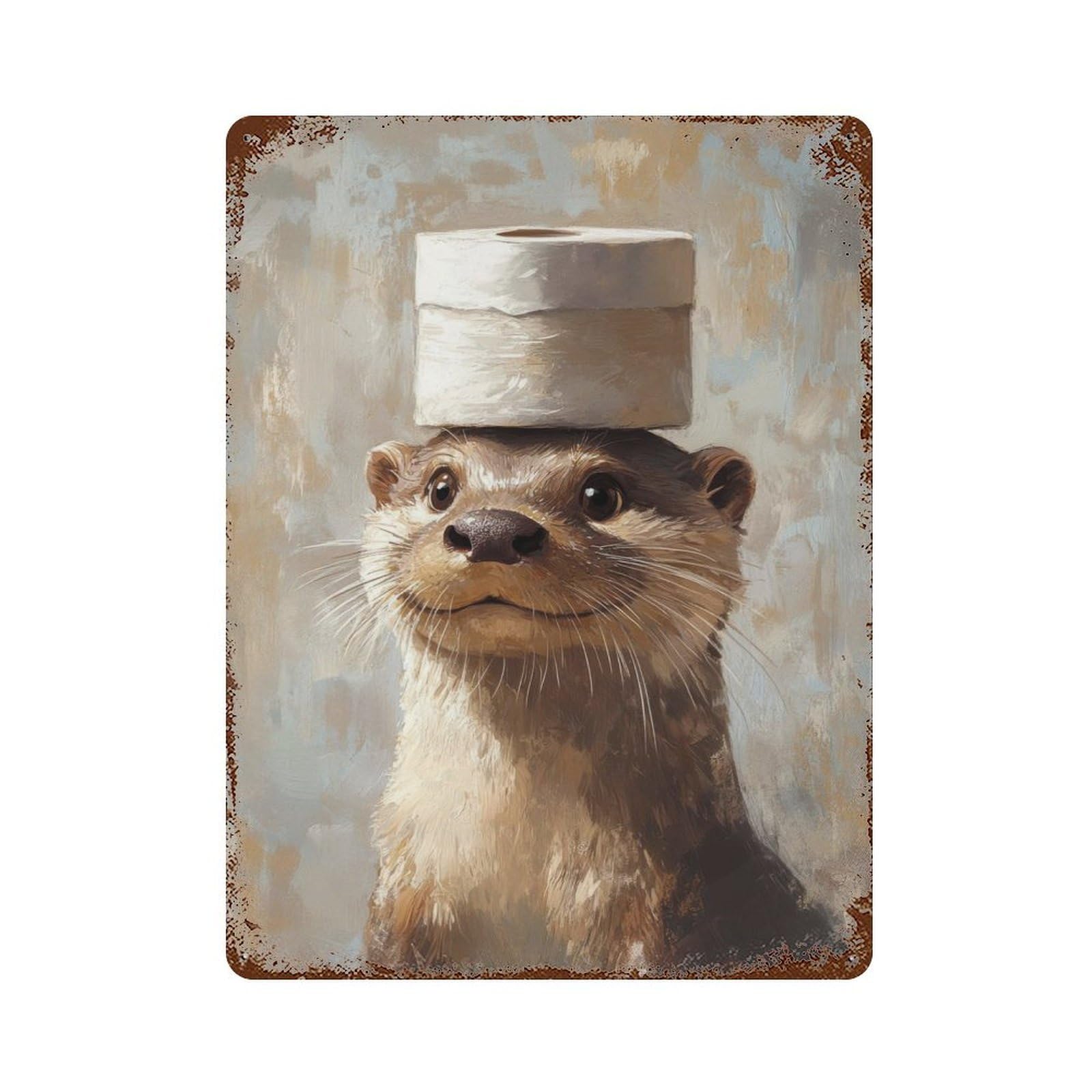 Otter with Toilet Paper Hat 15.7"x11.8" Aged Metal Wall Plaque, Novelty Wall Decor for Shed, Workshop And Garage Wall Decor