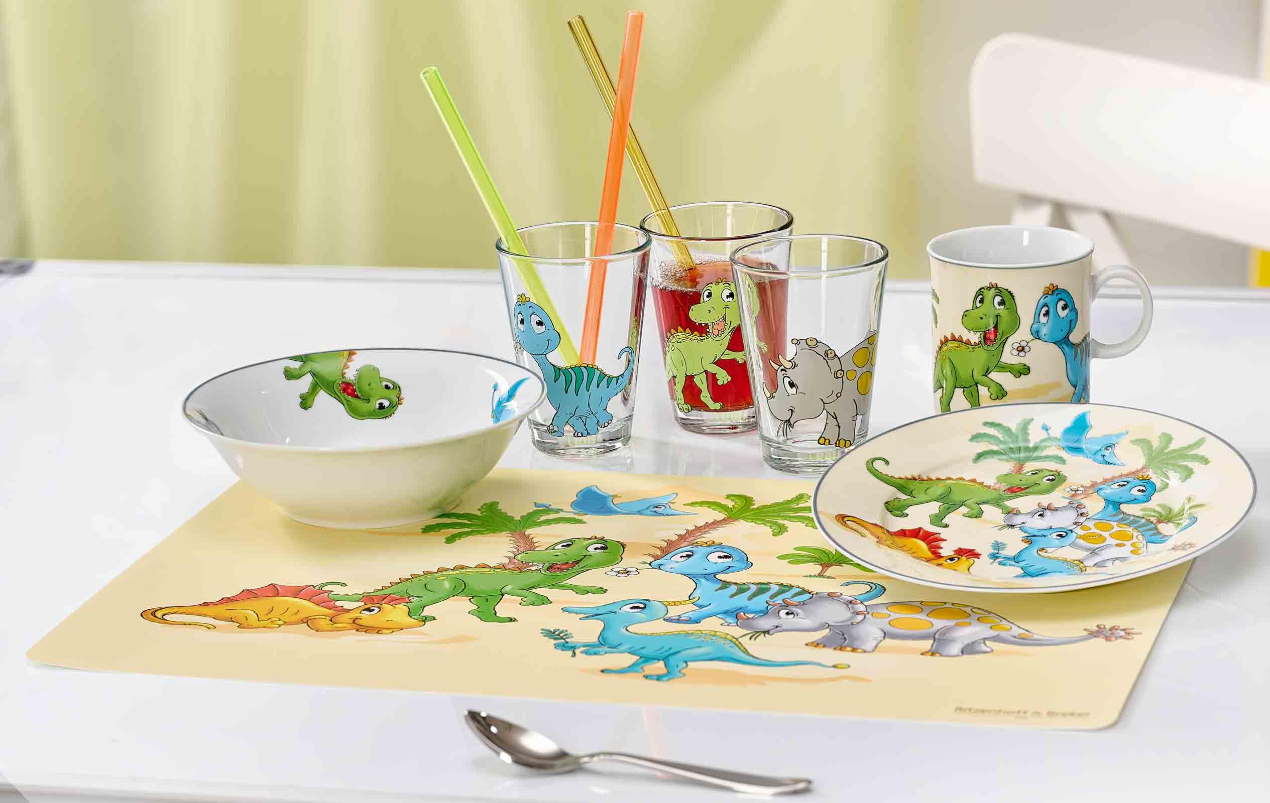 Ritzenhoff & Breker Set di stoviglie per bambini con tovagliette a forma di dinosauro, 4 pezzi, colorate, ciotole, bicchieri, piatti in porcellana, 45 x 30 cm, set per bambini con motivi di dinosauri