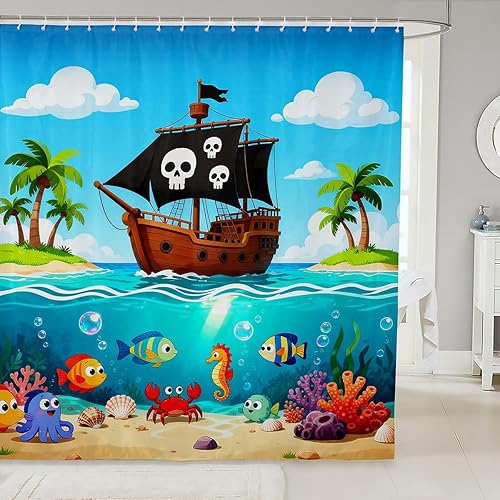 Miniatura 9 de Cortinas de ducha impermeables con diseño de barco pirata de caricaturas, tela de aventura marina, cortina de ducha de baño con peces submarinos,
