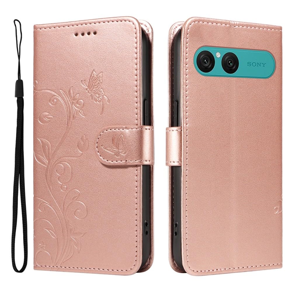 Generic Étui compatible avec Sony Xperia 1 IV (couleur : or rose) Étui portefeuille à rabat magnétique pour cartes, motif arbre papillon