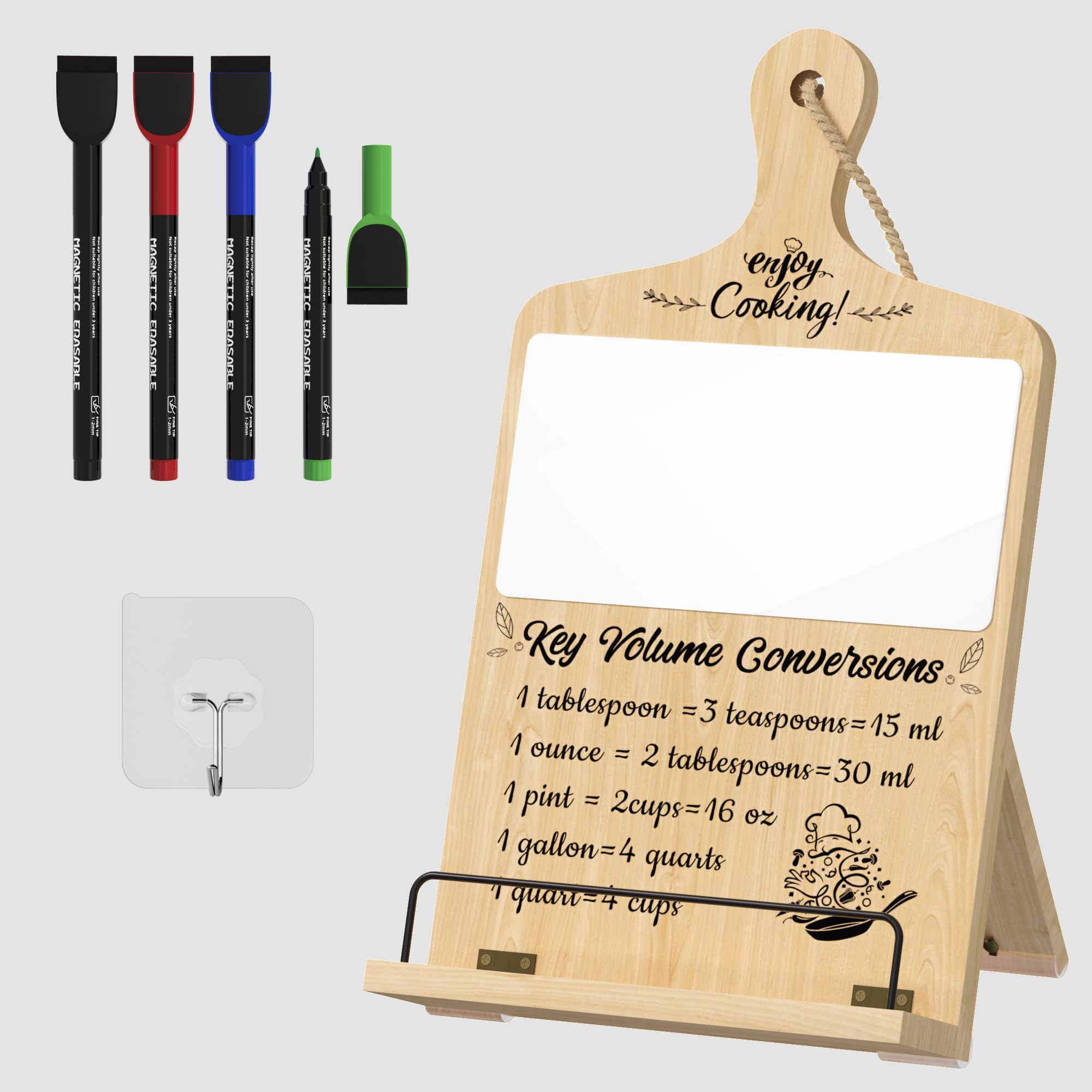 Readaeer Cookbook Stand with Magnetic Writing Board and 4 Different Colors of Markers, Adjustable Wooden Cookbook Holder with Measurement Conversion