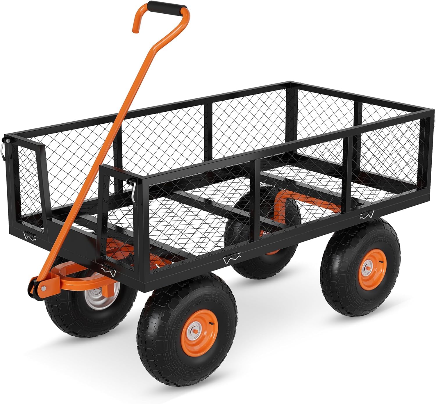 Carretilla de Jardín con Bastidor de Malla Metálica, Carro Transporte con 4 Ruedas Grandes y Manillar Ajustable, Gran Capacidad de Carga para Jardín, Obra y Exterior, Negro