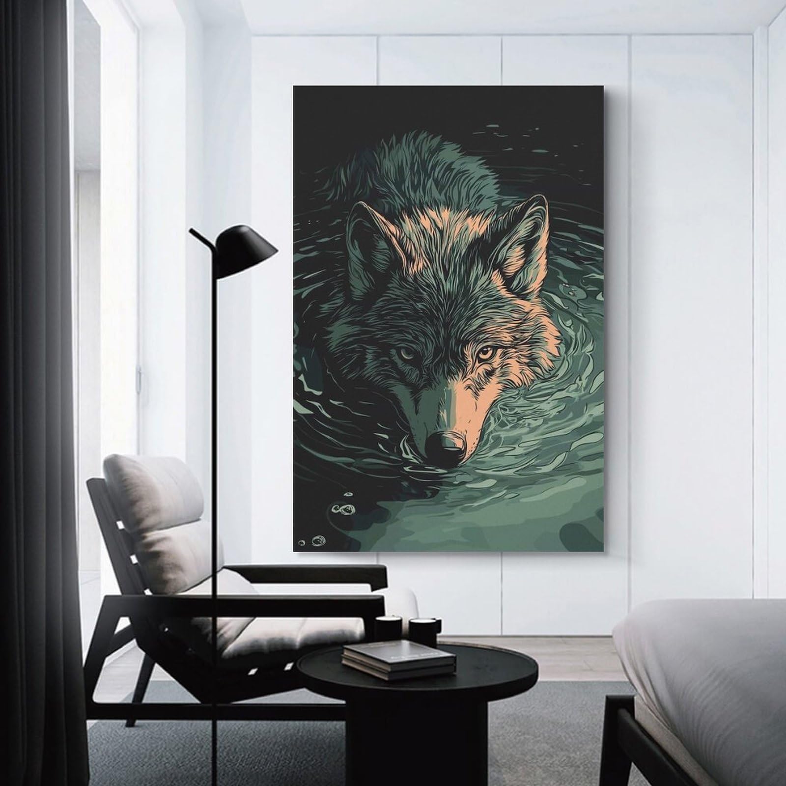 Junmoney Wolf Swimming in Water Illustration Canvas Art Print, 12x18inch(30x45cm), for Restful Interiors, Bedrooms Or Small Rooms, A Warm Accent for Relaxed Interiors