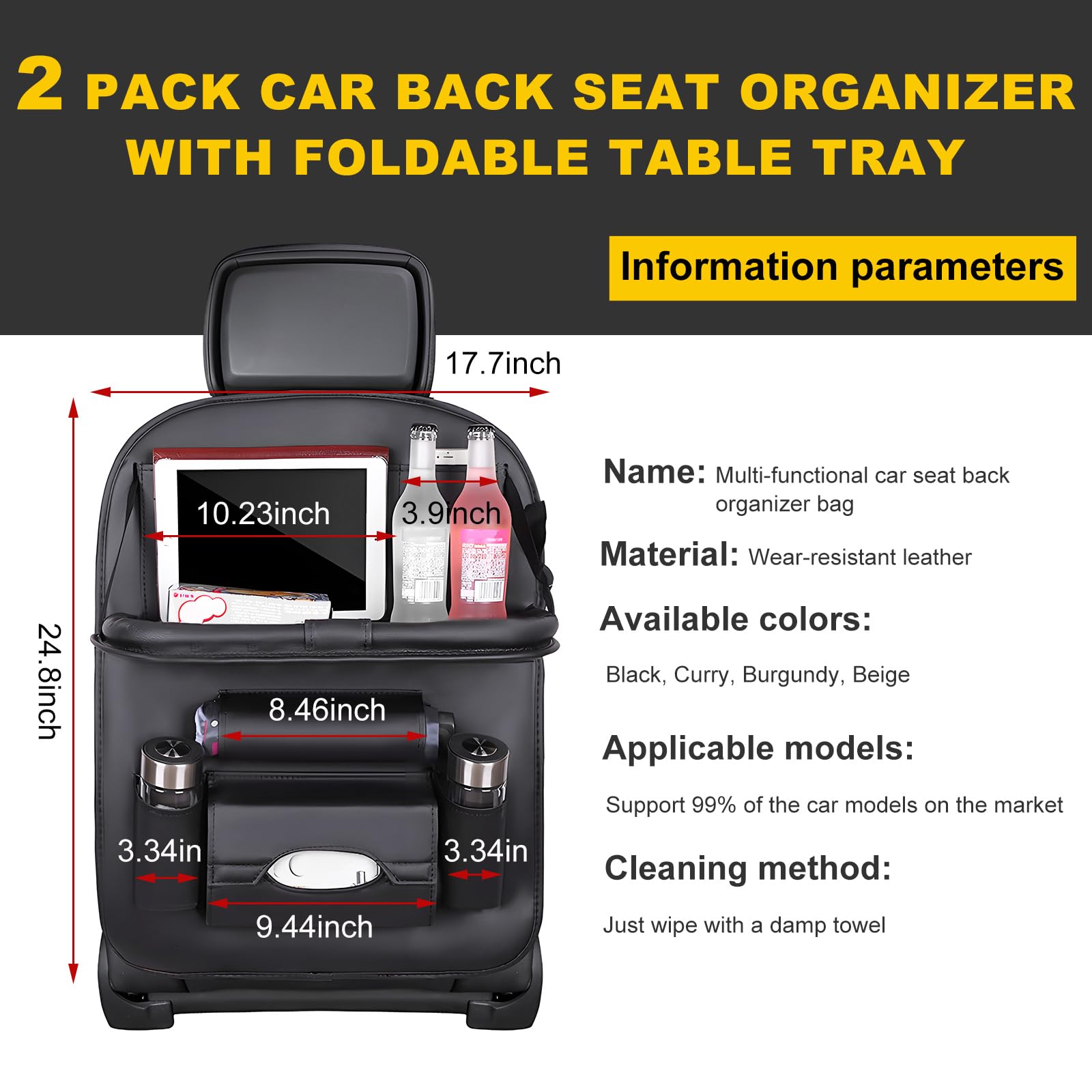 povtii Lot de 2 poches arrière de siège de voiture en cuir imperméable pour enfants, organiseur de voiture amélioré avec poches porte-tablette, accessoires d'intérieur de voiture universels (noir)