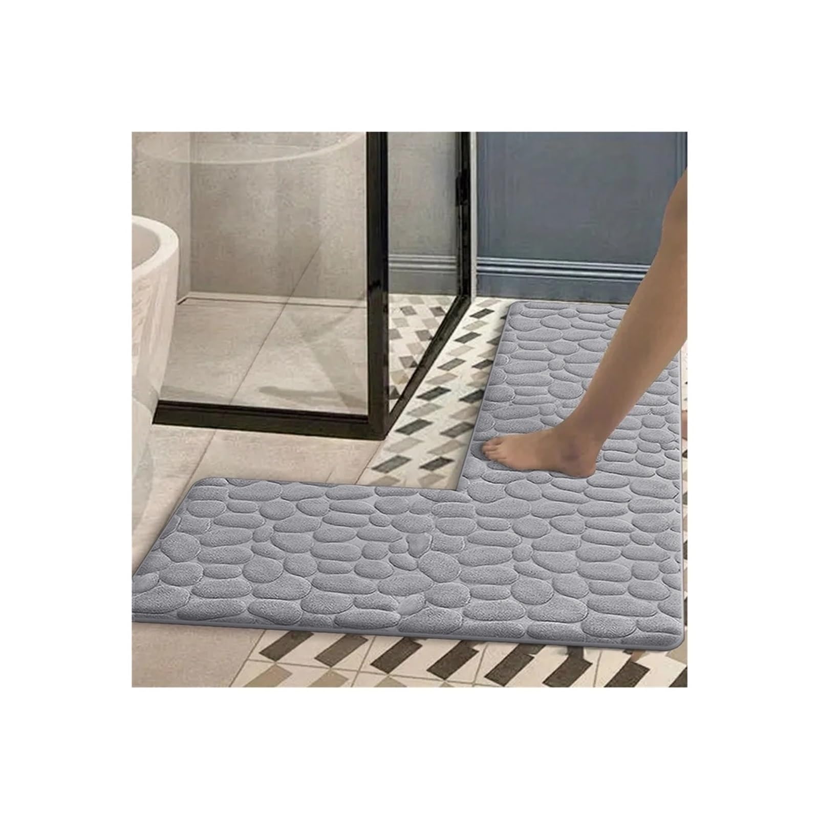 Tapis de bain en L texturé grand format pour salle de bain en gris