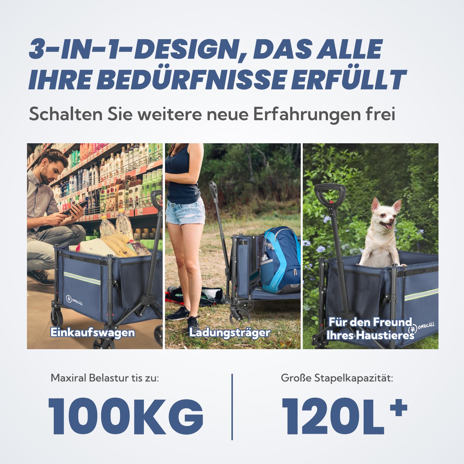 Chariot De Transport Pliable 120L - Capacité 100 Kg - Roues Tout-terrain Et Poignée Réglable - Gris - 4