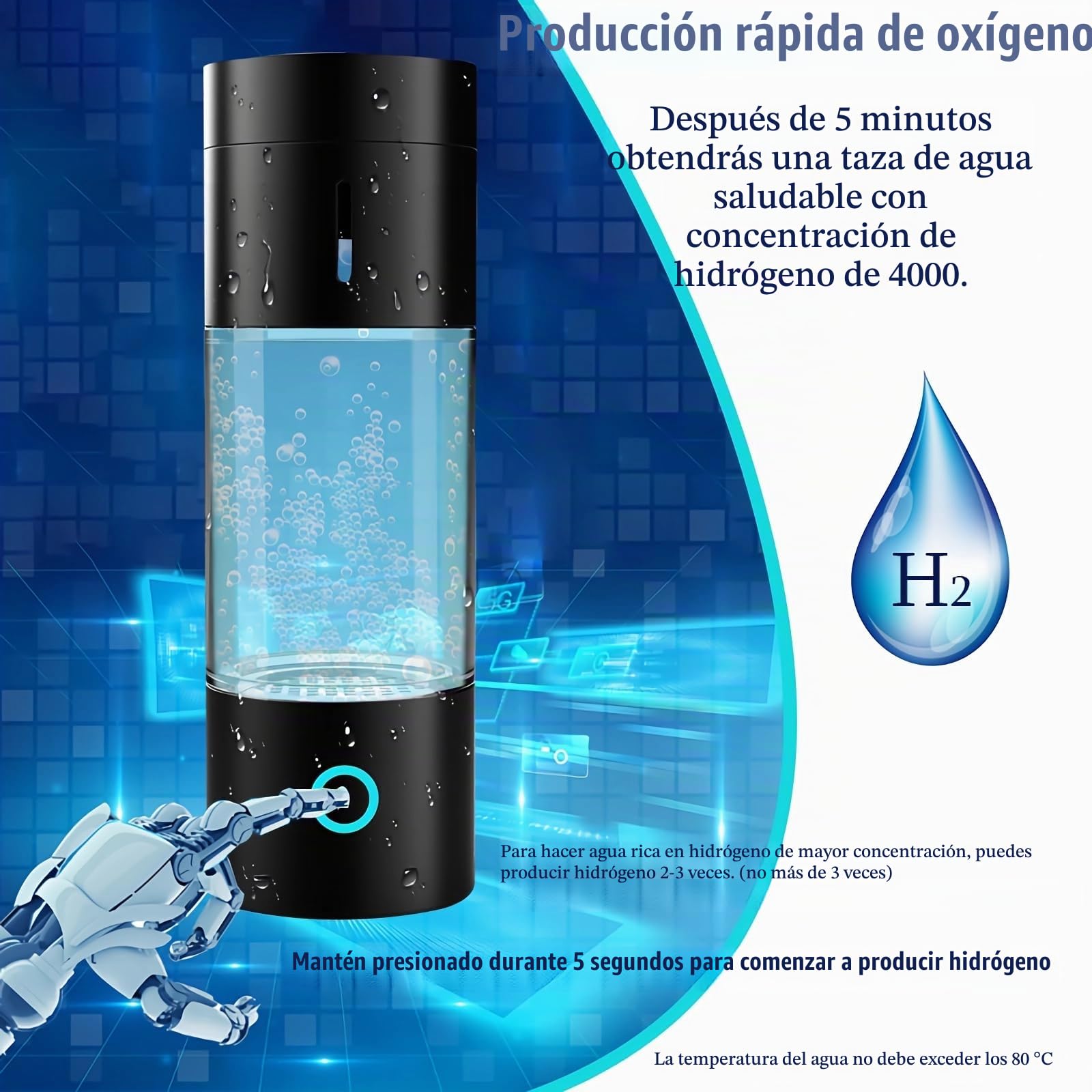 Botella de Agua de Hidrógeno Contenido de Hidrógeno ≥4000ppb Generador de Agua de Hidrógeno Portátil con Tecnología PEM y SPE Generador de Agua 230 Ml (Negro)