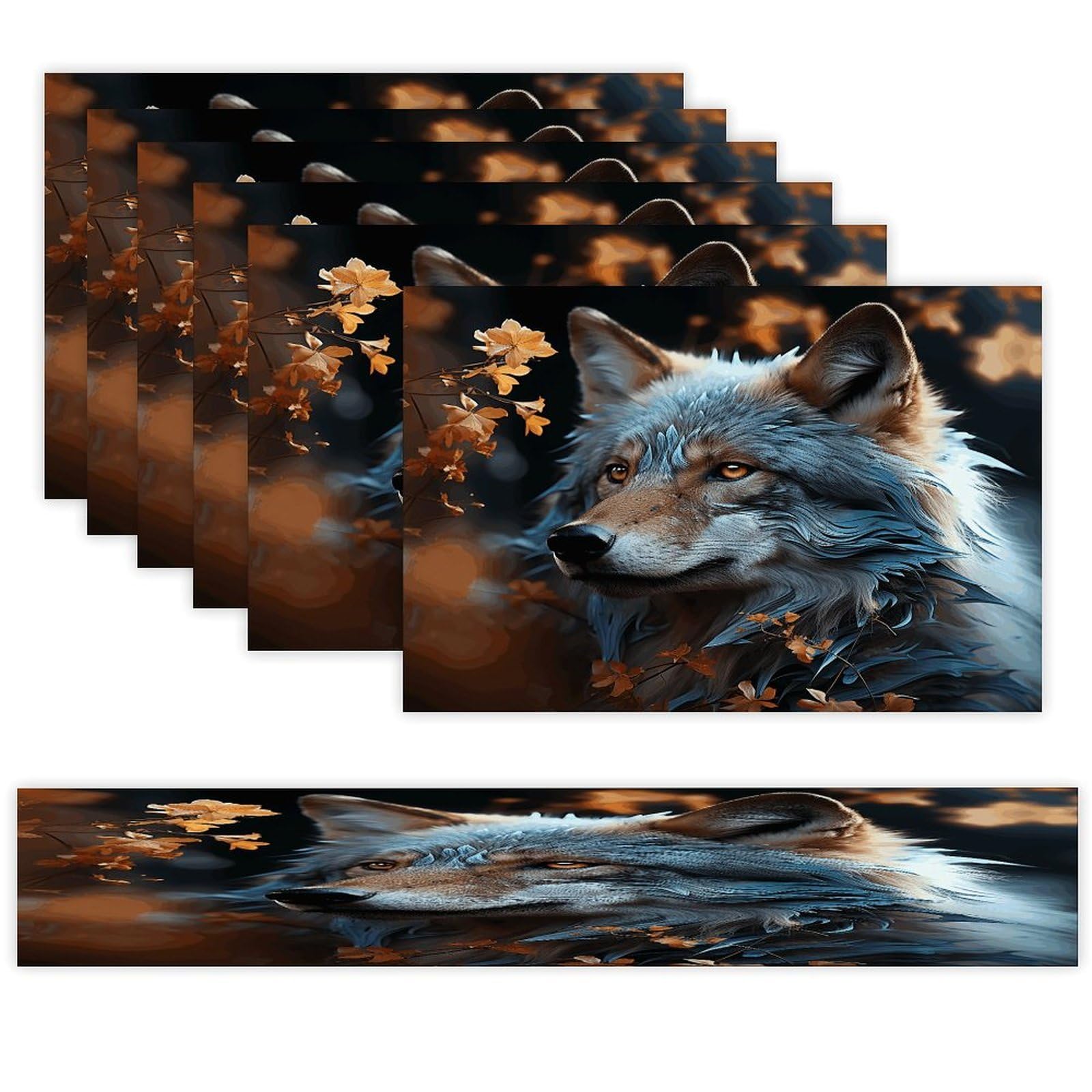 Autumn Leaves and A Wolf Table Runner and Placemats of 6 Washable Heat Resistant Place Mats with Table Runner Vintage Holiday Table Mat Set for Holiday Party Kitchen Dining Deco