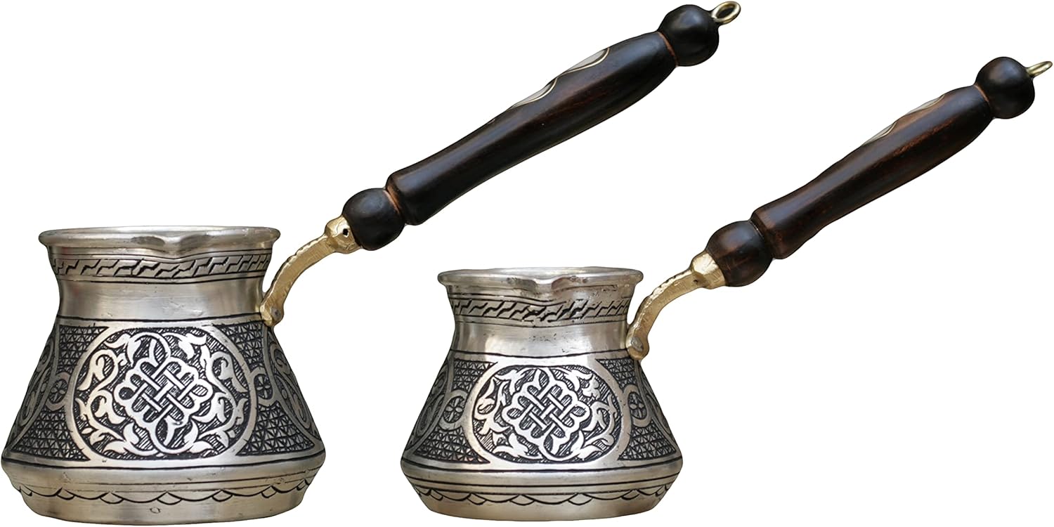Solid Hammered Copper Turkish Greek Arabic Coffee Pot Over Stove Coffee Maker Wooden Handle Coffee Pot (Set Of 3)