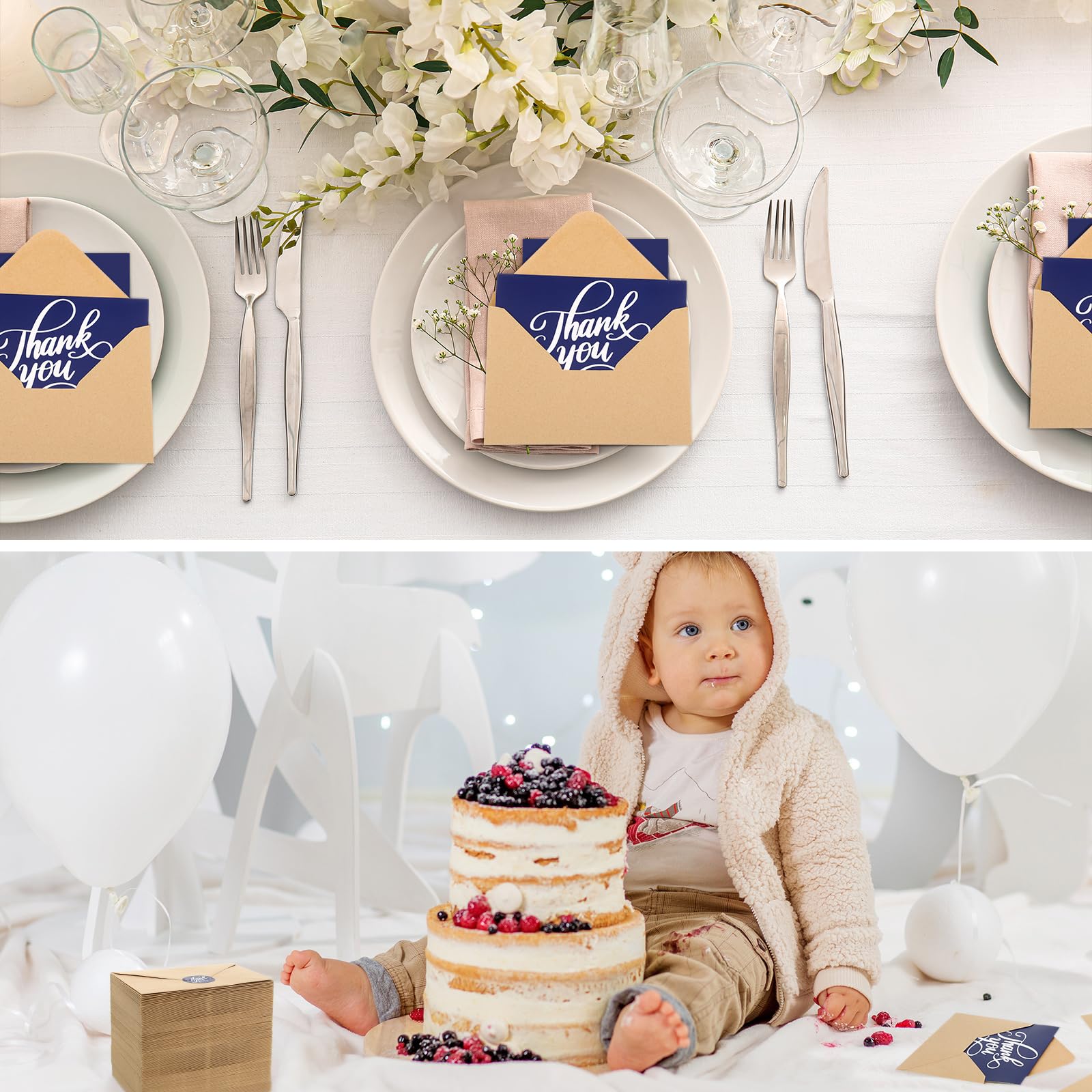 Fulmoon Biglietti di ringraziamento con buste in carta kraft e adesivi abbinati, confezione da 200, 10 x 15 cm, minimalisti e professionali alla ricerca di affari, matrimoni, lauree, baby shower,