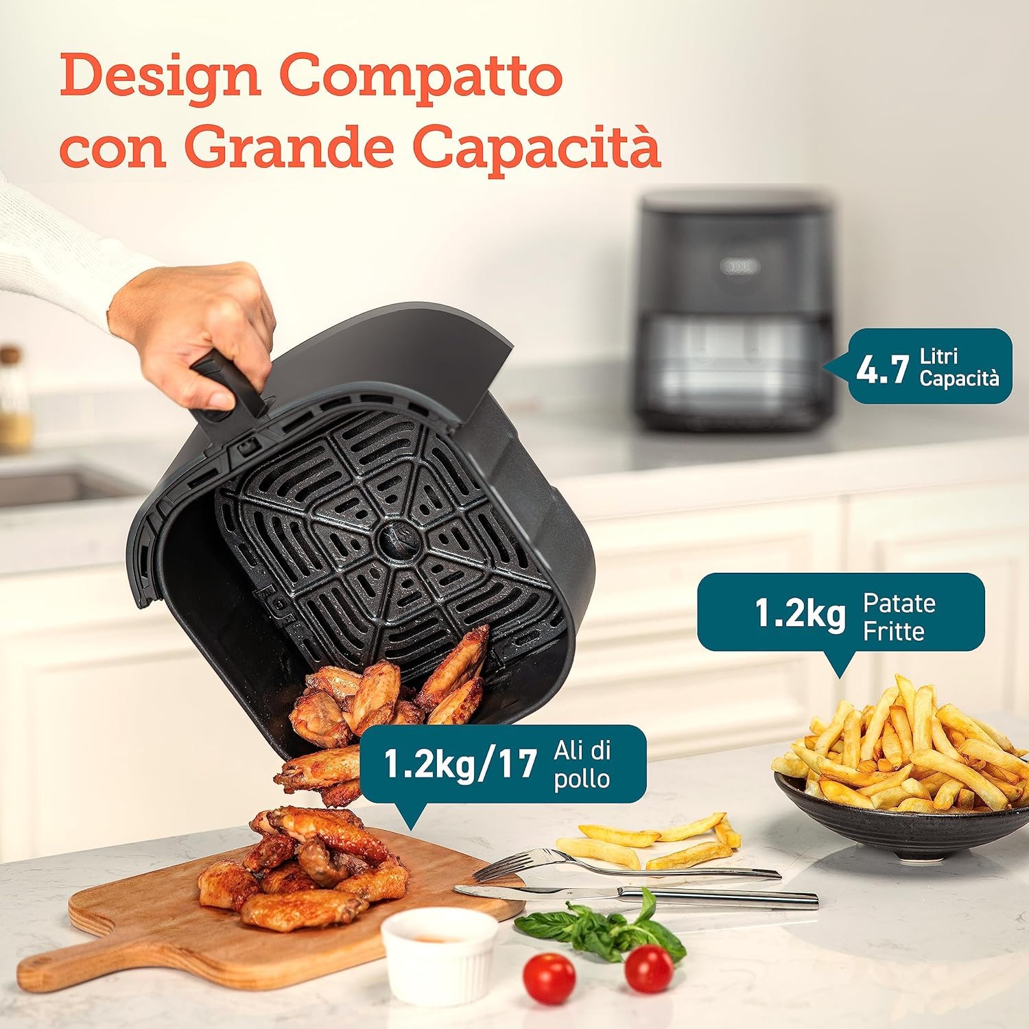 Cosori Friggitrice ad Aria 4,7 Litri, 75-230°C, 9 Preimpostazioni, 1500W | Silenzioso e Risparmio Energetico, Meno Olio&Senza Fumo, Ricettario Italiano, Lavabile in Lavastoviglie, Rumore Sotto i 55dB
