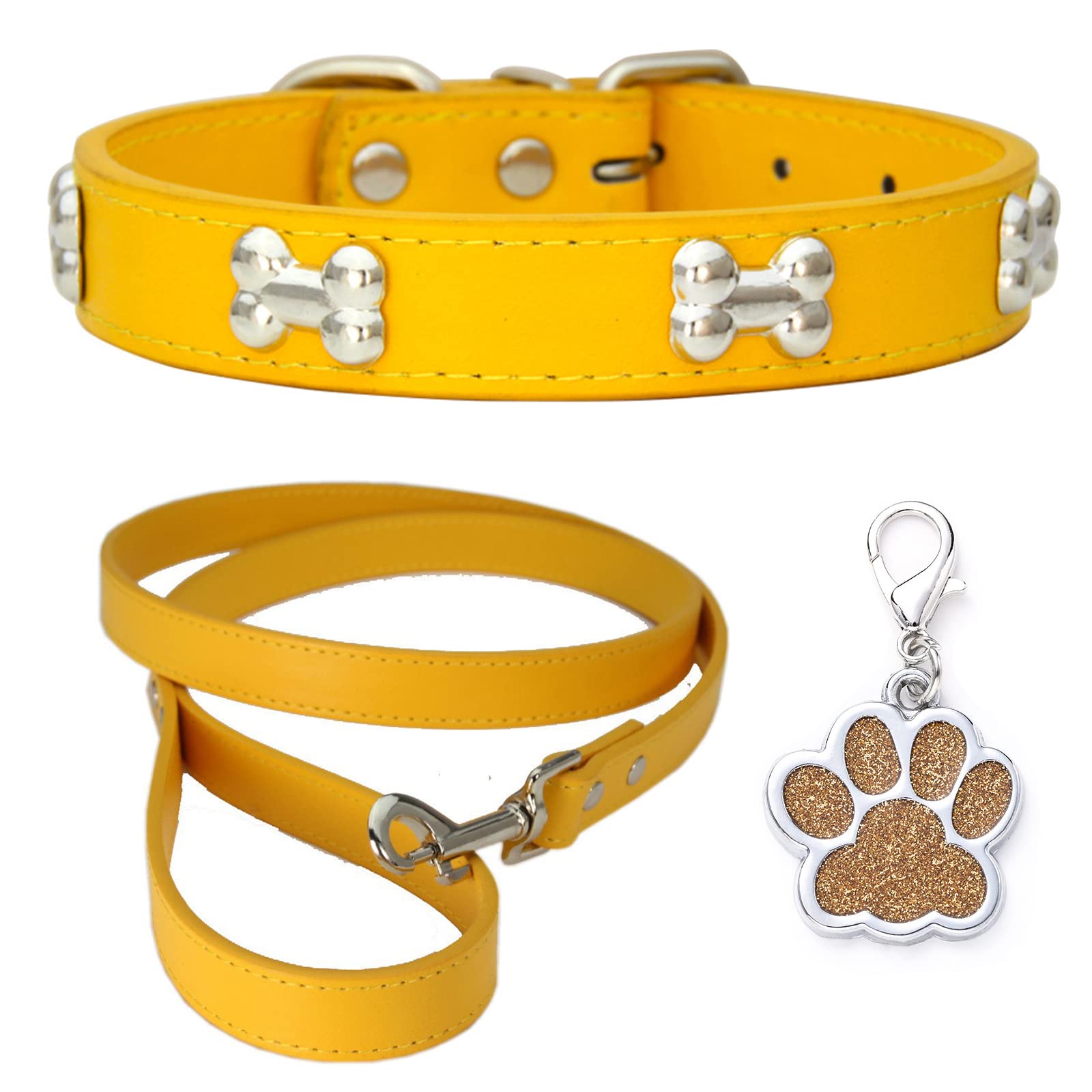 HALFSUMO Collar Perro Cuero Correa de Perro Combo Set Collares de Perro Collar Cachorro Ajustable para Perros Medianos Pequeños Gatos Dorado M