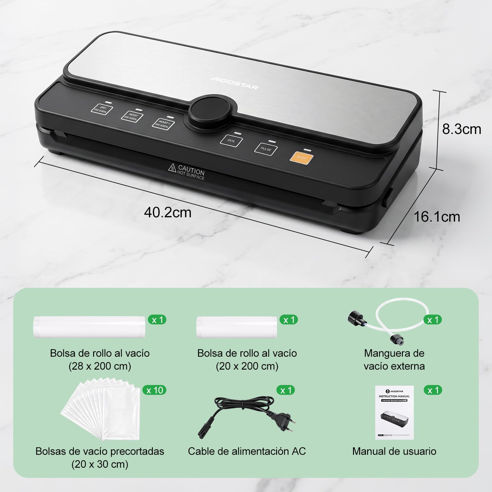 Aigostar Envasadora al Vacío, 9L/min, Pantalla Digital, Bandeja Extraíble | Envasadora al Vacío Doméstica con 6 Modos, Función Moist+, Cortador y Almacén de Rollos, Incluye 10 Bolsas y 2 Rollos