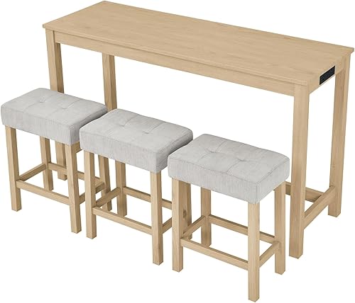 Miniatura 8 de Juego de mesa de bar de 59 pulgadas con toma de corriente, mesa de desayuno industrial de 4 piezas con 3 taburetes tapizados para sala de estar,