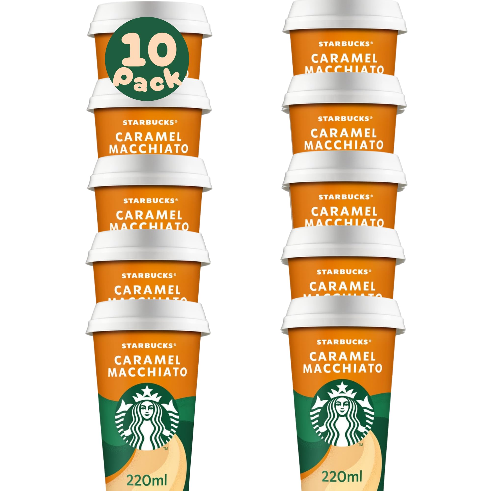 Pack Café Frío Listo para Tomar | Starbucks Pack de Vasos de Café Listo para Bebe - 10 Vasos x 220ml (Pack 10 x 220ml, Caramel Macchiato)