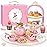 Wooden Tea Party Set for Little Girls, Toddler Girl Gifts Princess Tea Time Toys, Wooden Tea Set Food Dessert, Kids Kitchen Pretend Play, Birthday Valentines Day Gifts for Girls Age 2-5 Years Old