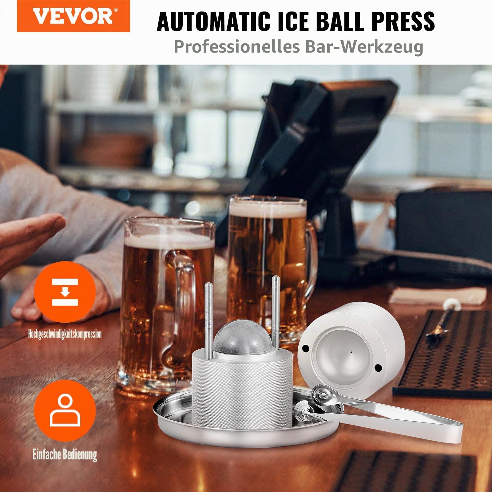 VEVOR Ice Ball Maker Eiskugelpresse Satz 60 mm, Eiswürfelform Eiskugelform mit Eiszange & Tropfschale, Alu Strapazierfähige Eiswürfelformen Eiswürfelbehälter Whisky Americano, Saft & Milch Silber