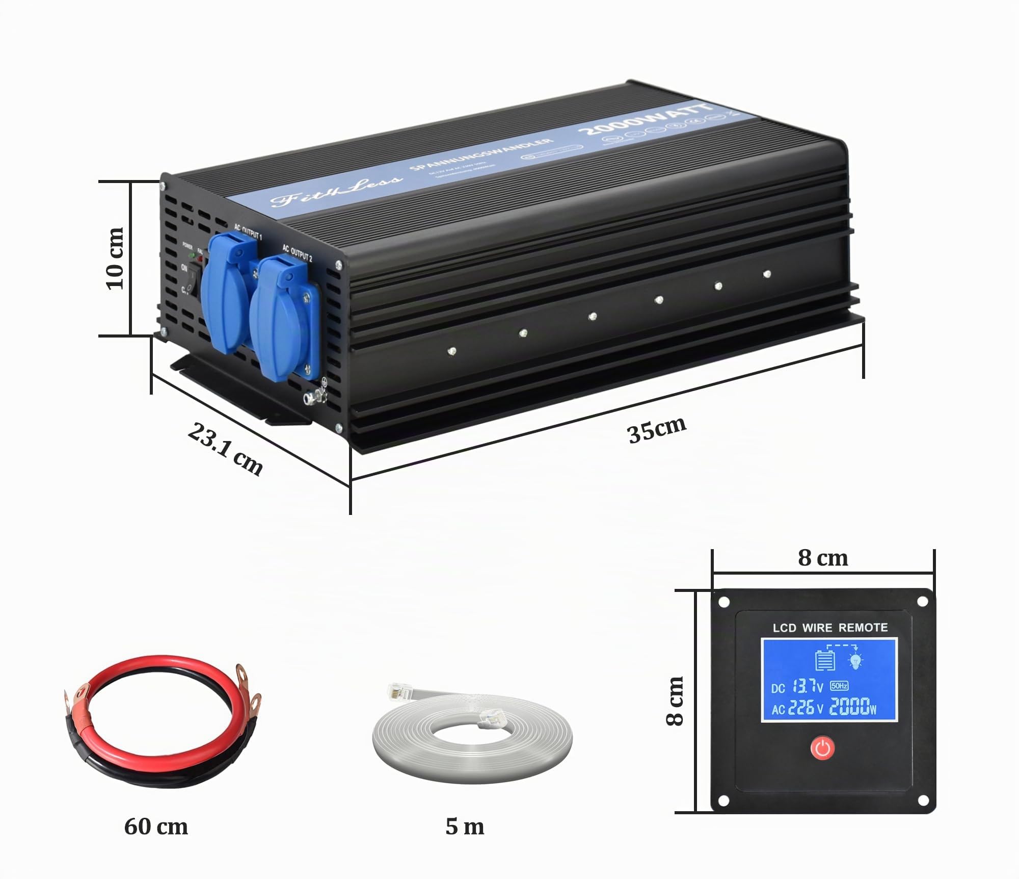 Reiner Sinuswelle Wechselrichter DC12V auf AC230W 50Hz mit Dual Schuko Buchsen, DC5V USB-Anschluss, LCD Draht Remote Kit für europäischen Markt (12V 1500W)