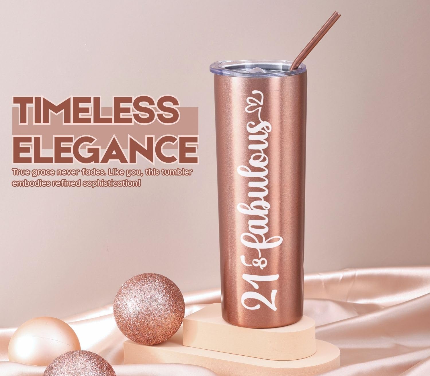 21st Birthday Gifts For Her - 21 and Fabulous - 20oz/590ml Stainless Steel Insulated Skinny Tumbler with Straw - Happy 21 Year Old Birthday Gifts for Women, Female - (Rose Gold) - Image 5