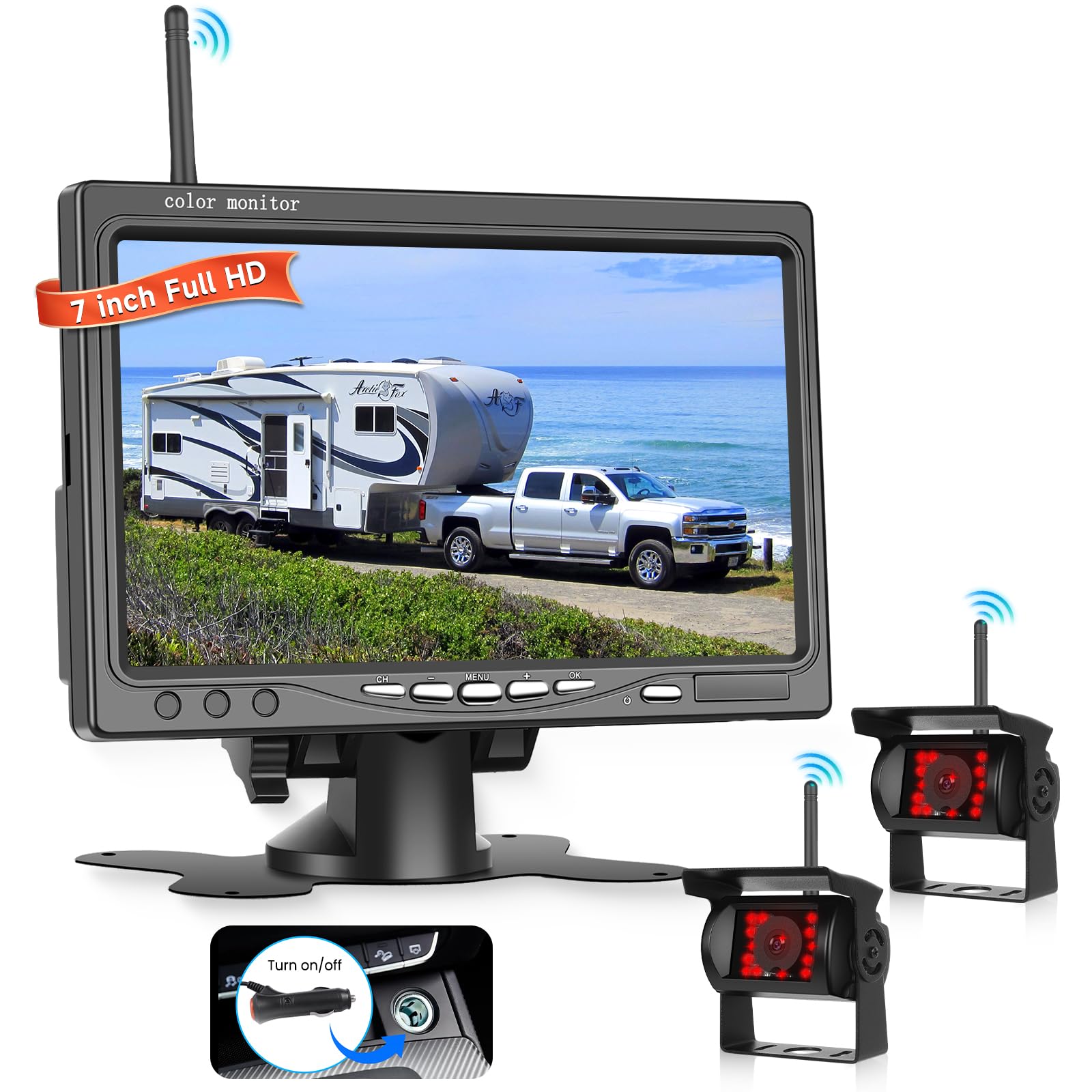 Hodozzy 2 bezprzewodowe cyfrowe kamery cofania z ekranem IPS 7", wodoszczelna IP68, stabilne sygnały cyfrowe, widoczność w nocy 1080p IR, obsługuje BSD / pomoc przy parkowaniu