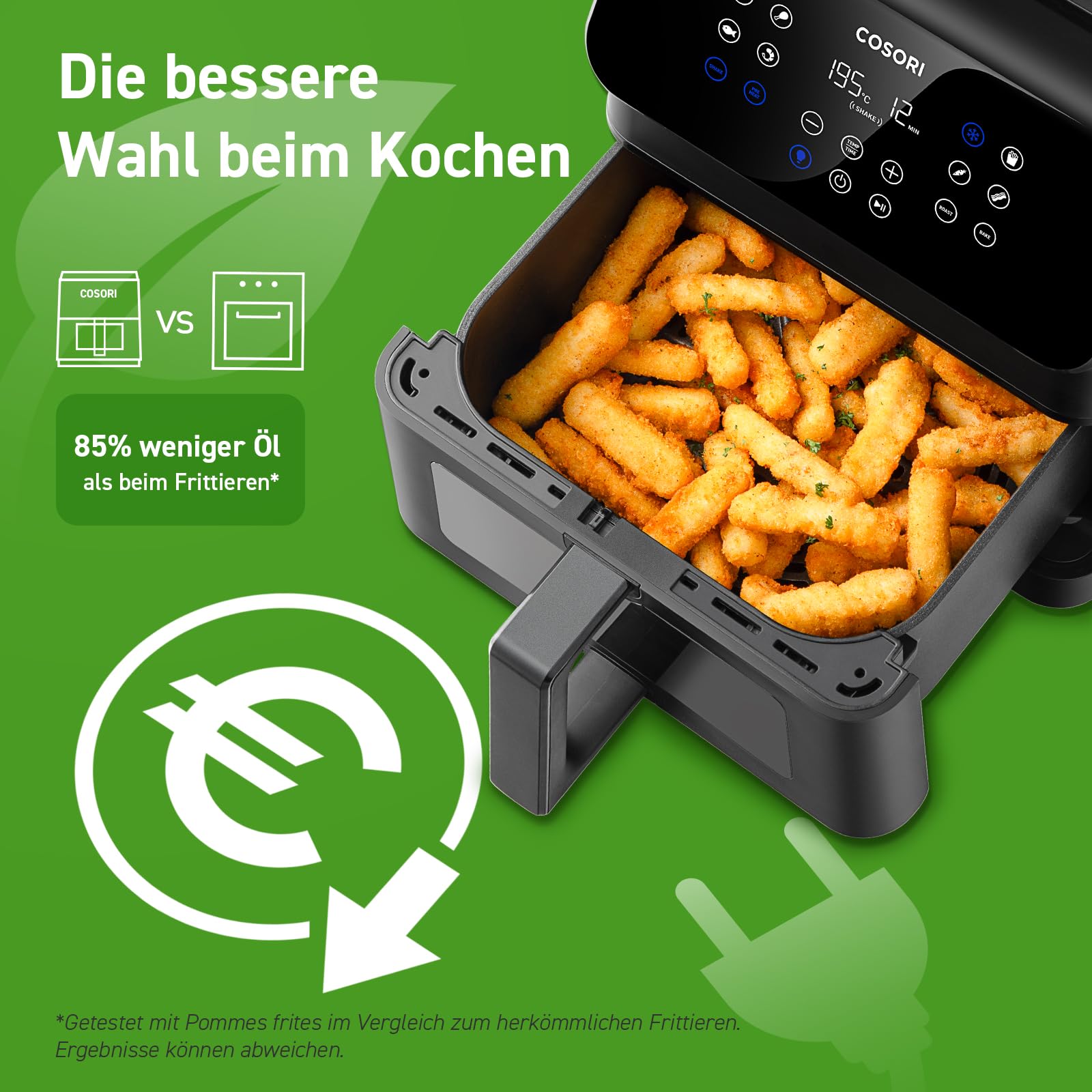 COSORI Airfryer, Heißluftfritteuse 6,2L mit Sichtfenster und Shake Reminder, 12-in-1 Heissluftfritteuse, Fritteuse 85 Prozent weniger Fett, 50 Rezepte, 55 Prozent energiesparend, einfache Reinigung