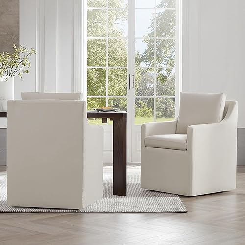 Miniatura 24 de Sillas de comedor tapizadas con ruedas, cubierta lavable, silla de escritorio lateral con rodillos para comedor, sala de estar, beige crema, 1 caja