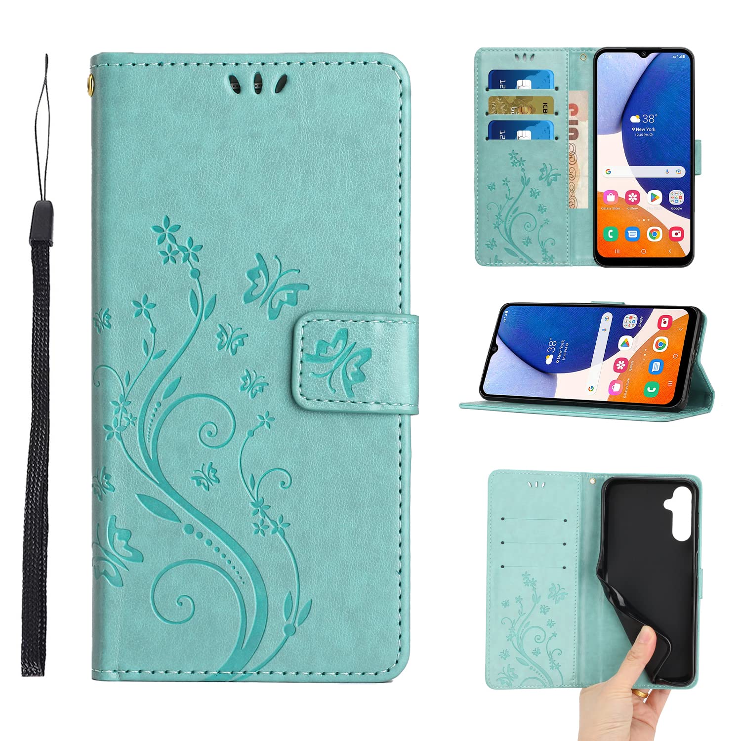 Flip Cover Compatible with Samsung Galaxy A14 5G Wallet Case with Card Holder Stand PU Leather Butterfly Embossed Floral Holster Slim Silicone Bumper Shockproof Magnetic Clasp Lanyard-Mint Green