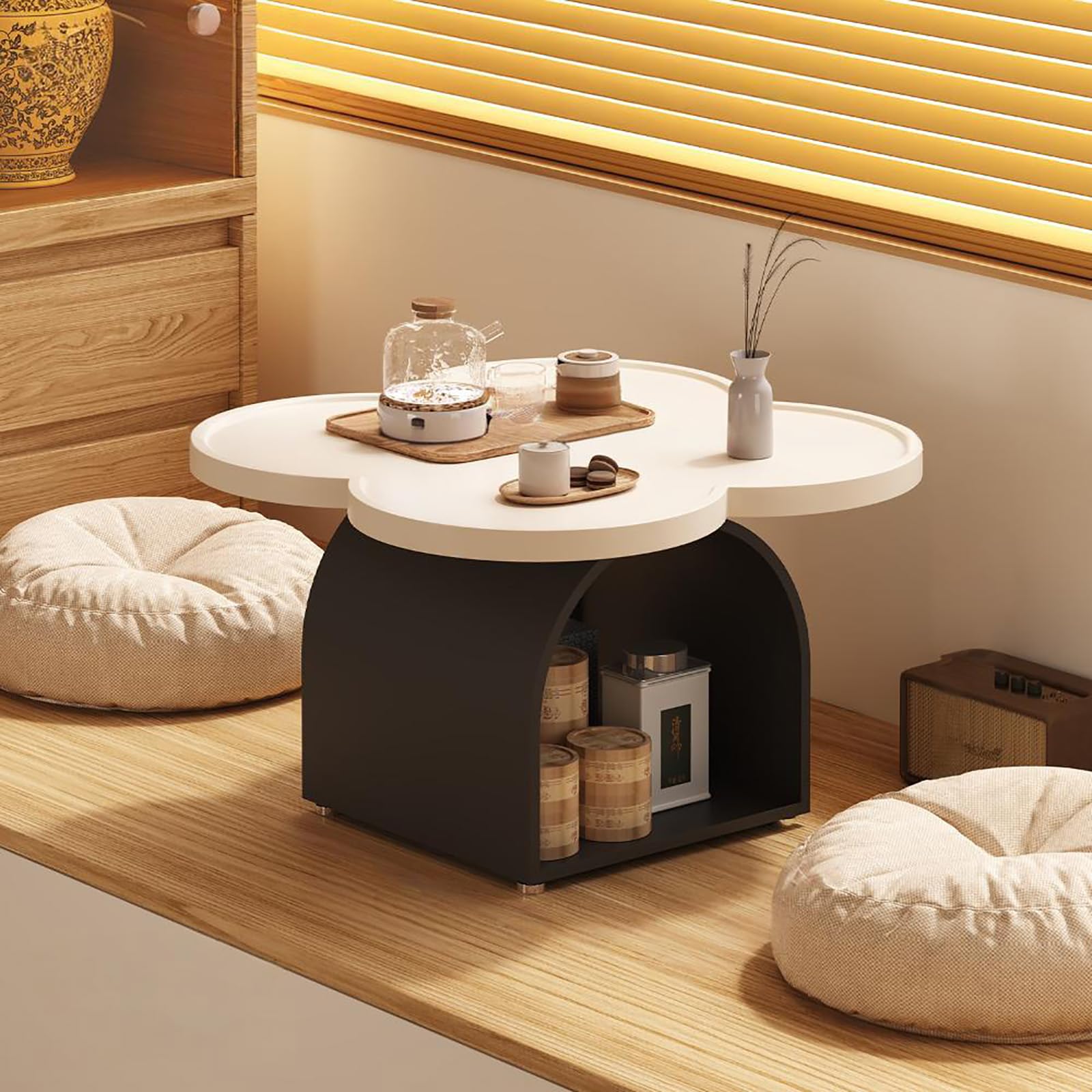 Table basse en bois massif avec rangement et base en métal pour salon contemporain