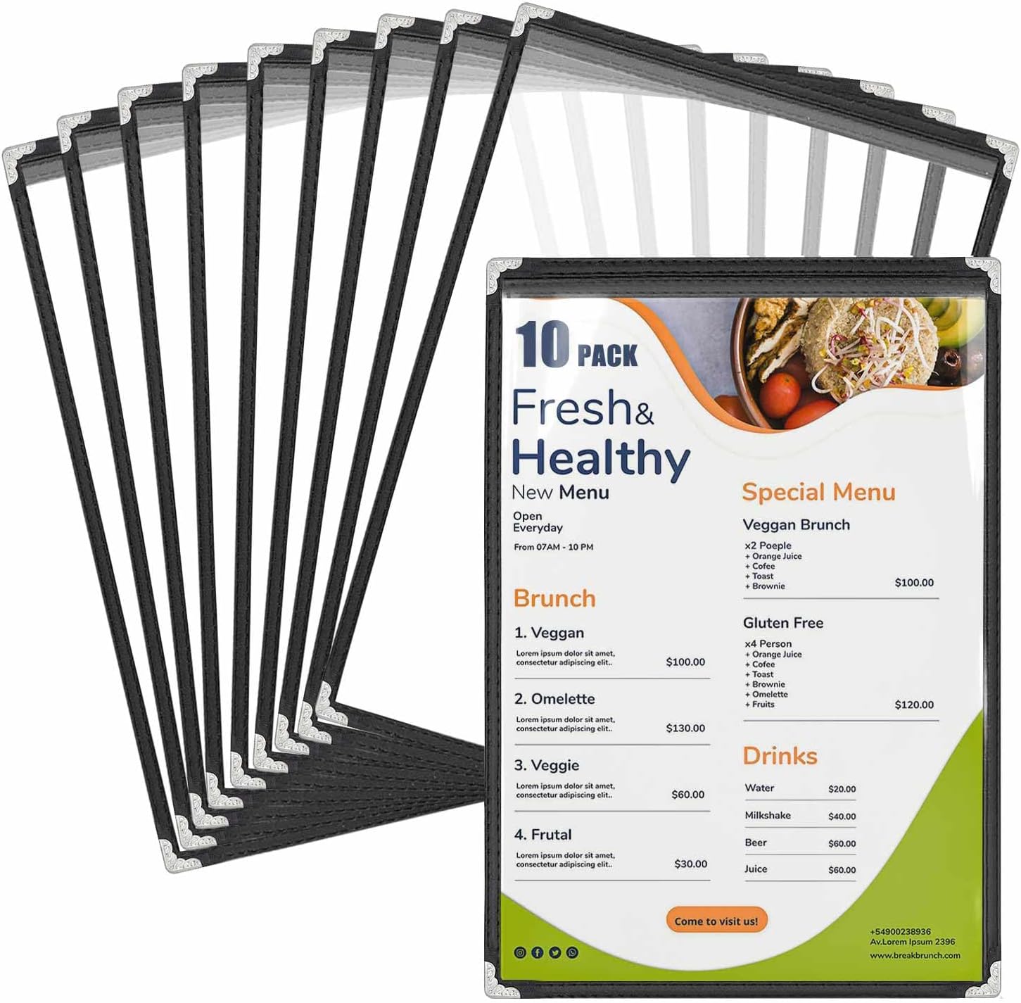 10 Pack A4 Menu Covers, WenYa Clear Recipe Card Holders with Black Trim & Metal Corners, Waterproof Plastic Restaurant Menu Holders for Cafés, Pubs & Home Use - 1 Page (2 Views)
