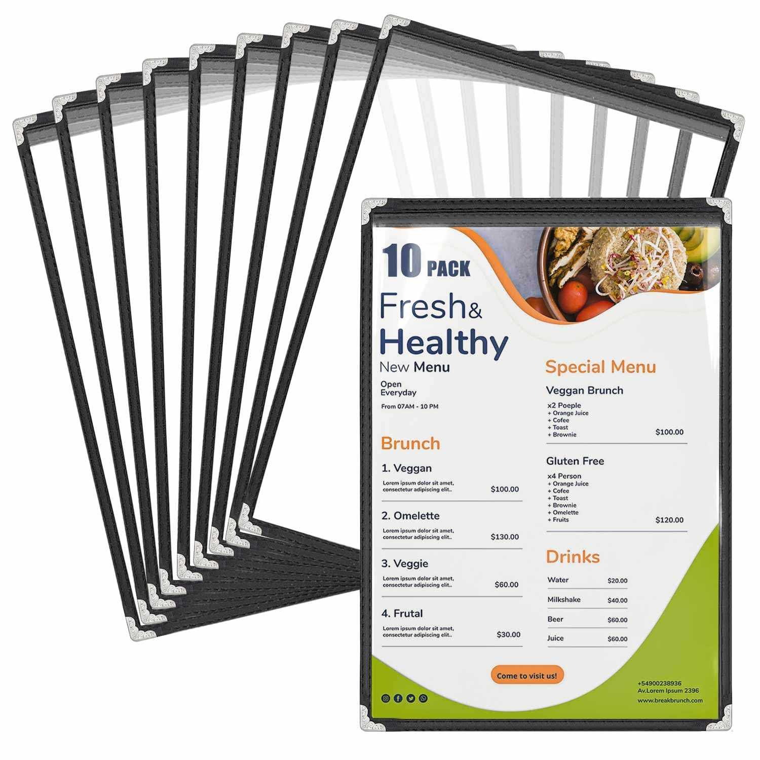 10 Pack A4 Menu Covers, WenYa Clear Recipe Card Holders with Black Trim & Metal Corners, Waterproof Plastic Restaurant Menu Holders for Cafés, Pubs & Home Use - 1 Page (2 Views)