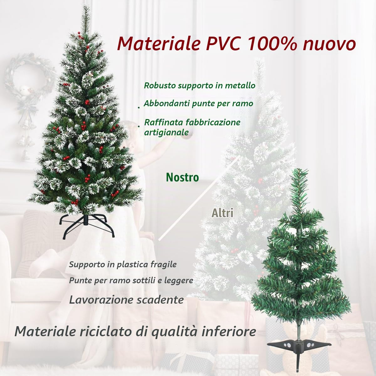 KOMFOTTEU Albero di Natale Artificiale 150/180/210/230/270cm in PVC, Albero di Natale ad Apertura Automatica ad Ombrello con Base, Christmas Tree (150 cm, Innevato con Pigne)