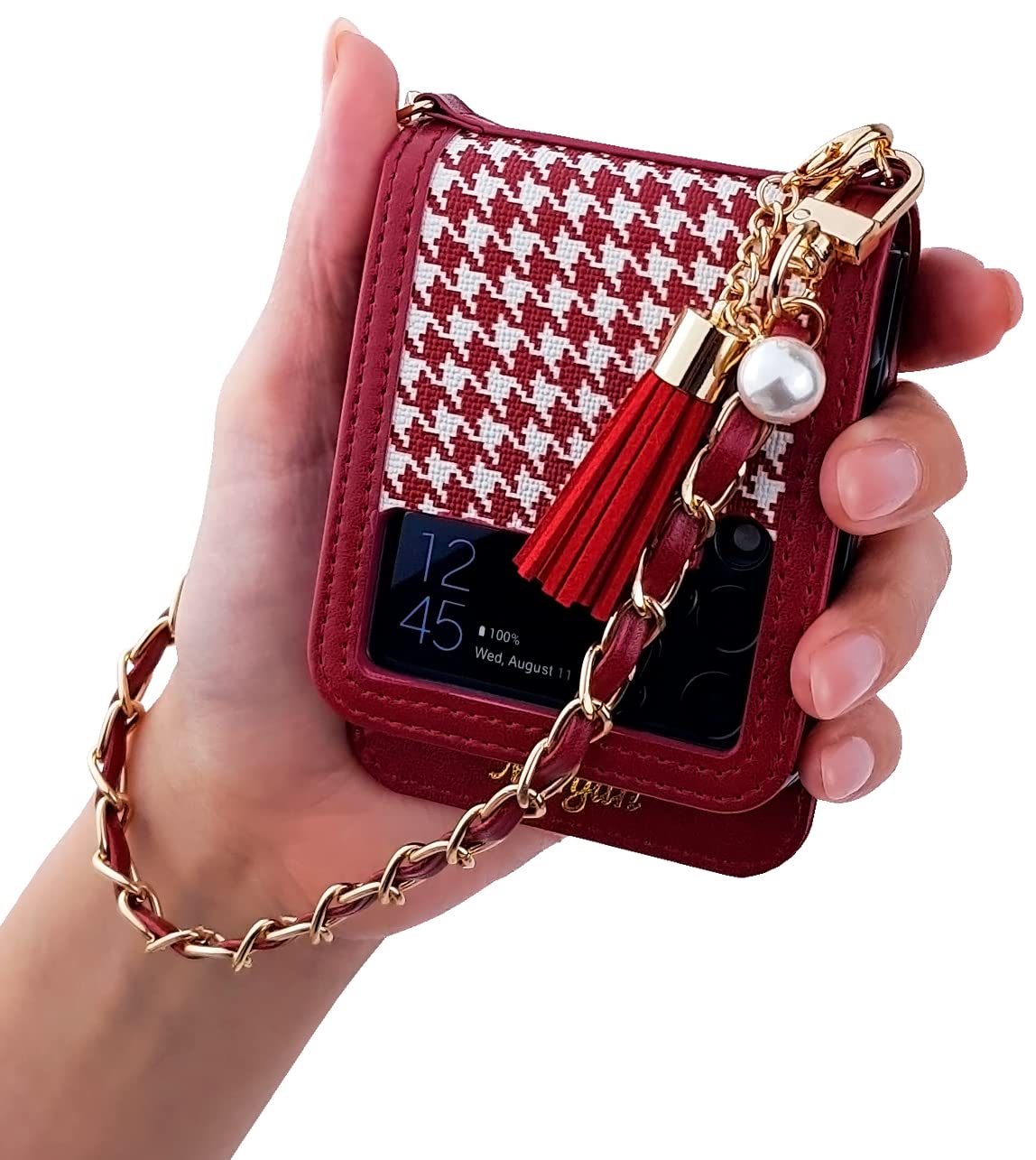 Qoosan Galaxy Z Flip 3 5G Case (2021) Pattern Leather Cover with Card Holder Wallet Hinge Protector Bling Metal Chain Wrist Strap Protective Phone case for Women, Red