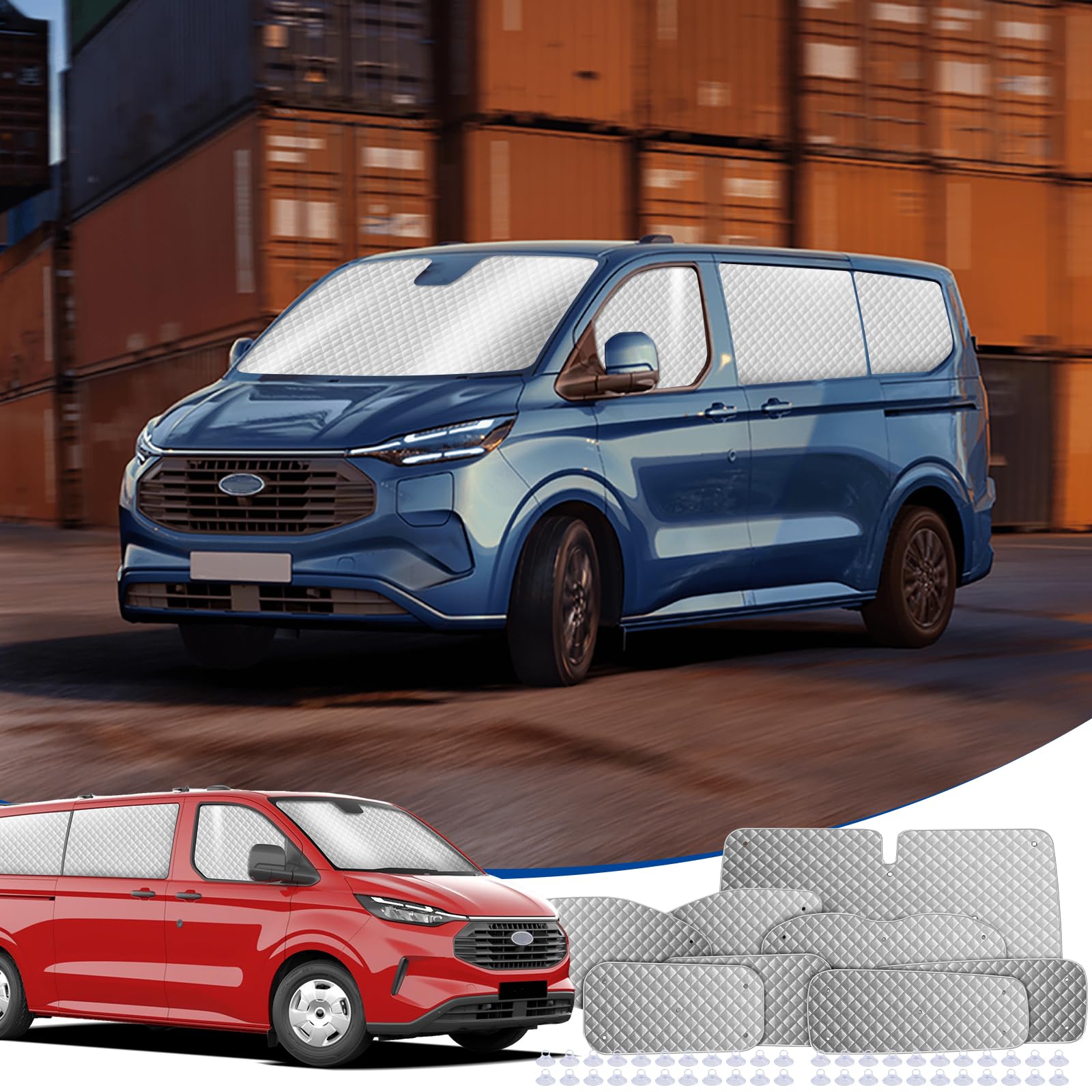 8 piezas de alfombrillas térmicas para cabina del conductor compatibles con Ford Transit Custom LWB, parasol interior del automóvil, cubierta de parabrisas, juego de persianas térmicas para