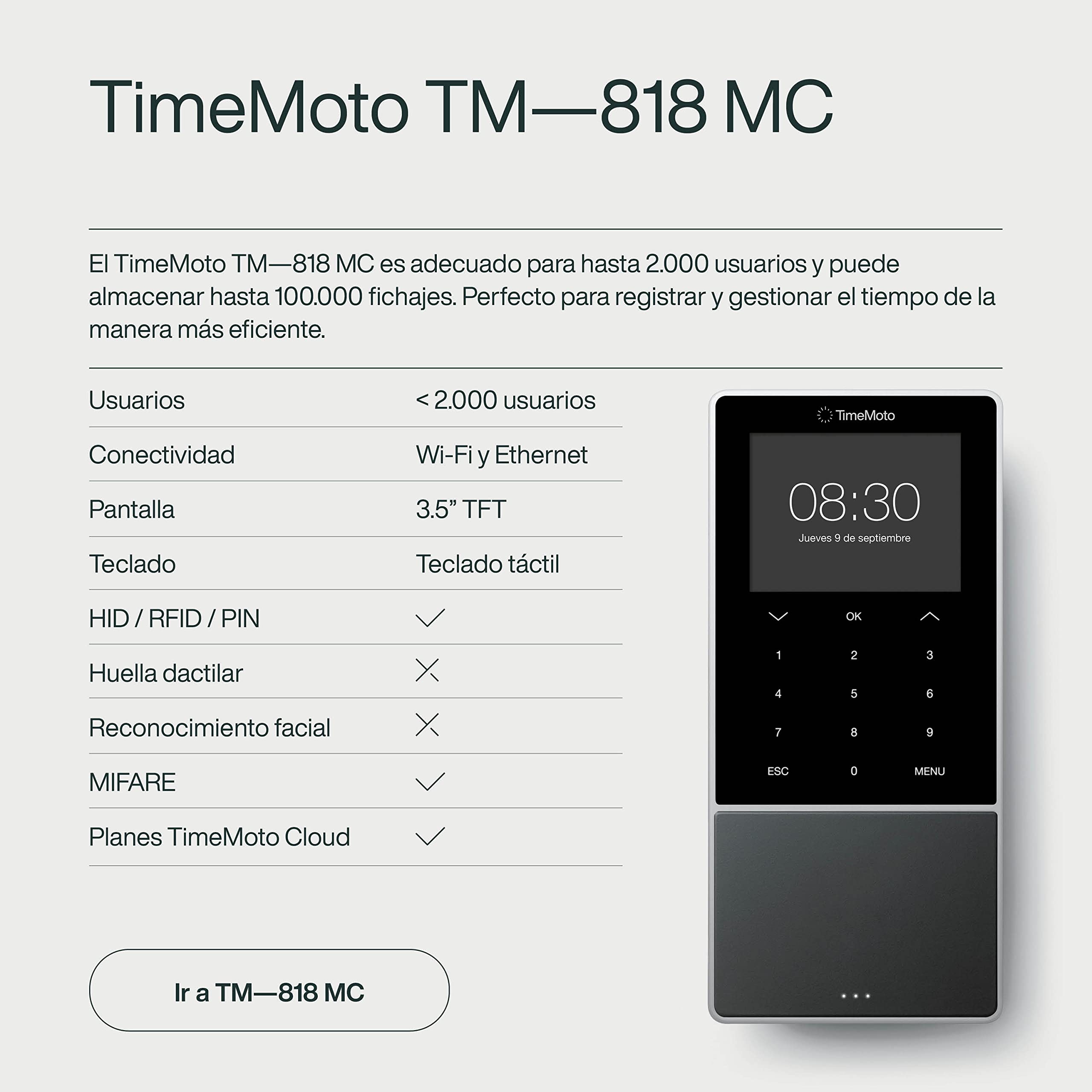 Terminal de fichaje basado en la nube TimeMoto TM-818 MC, compatible con tarjetas de acceso inteligentes HID/sin contacto, lector de tarjetas RFID/llavero RFID, PIN, 2.000 usuarios, wifi