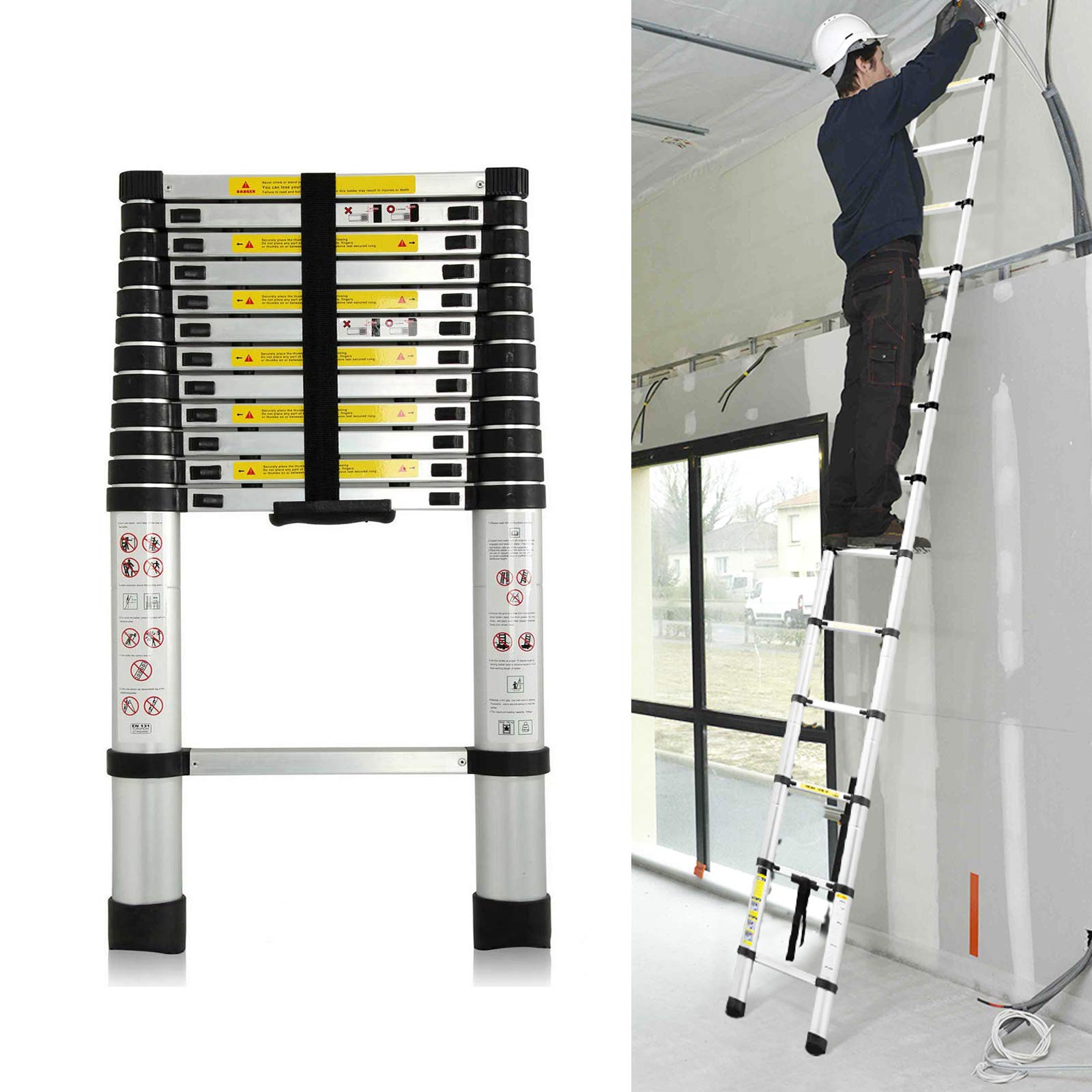 DICN Aluminium Telescopic Ladder 3.8M/12.5FT Folding Extendable EN131 Approved — image 1