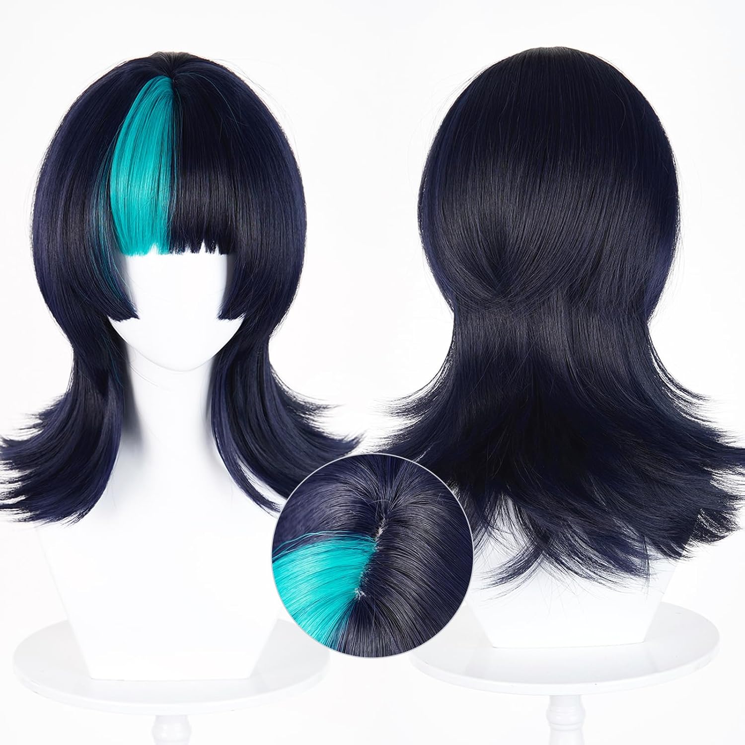 Probeauty Black Mixed Blue Wig with Choker Anime Cosplay Wig with Bangs for Halloween Costume Party