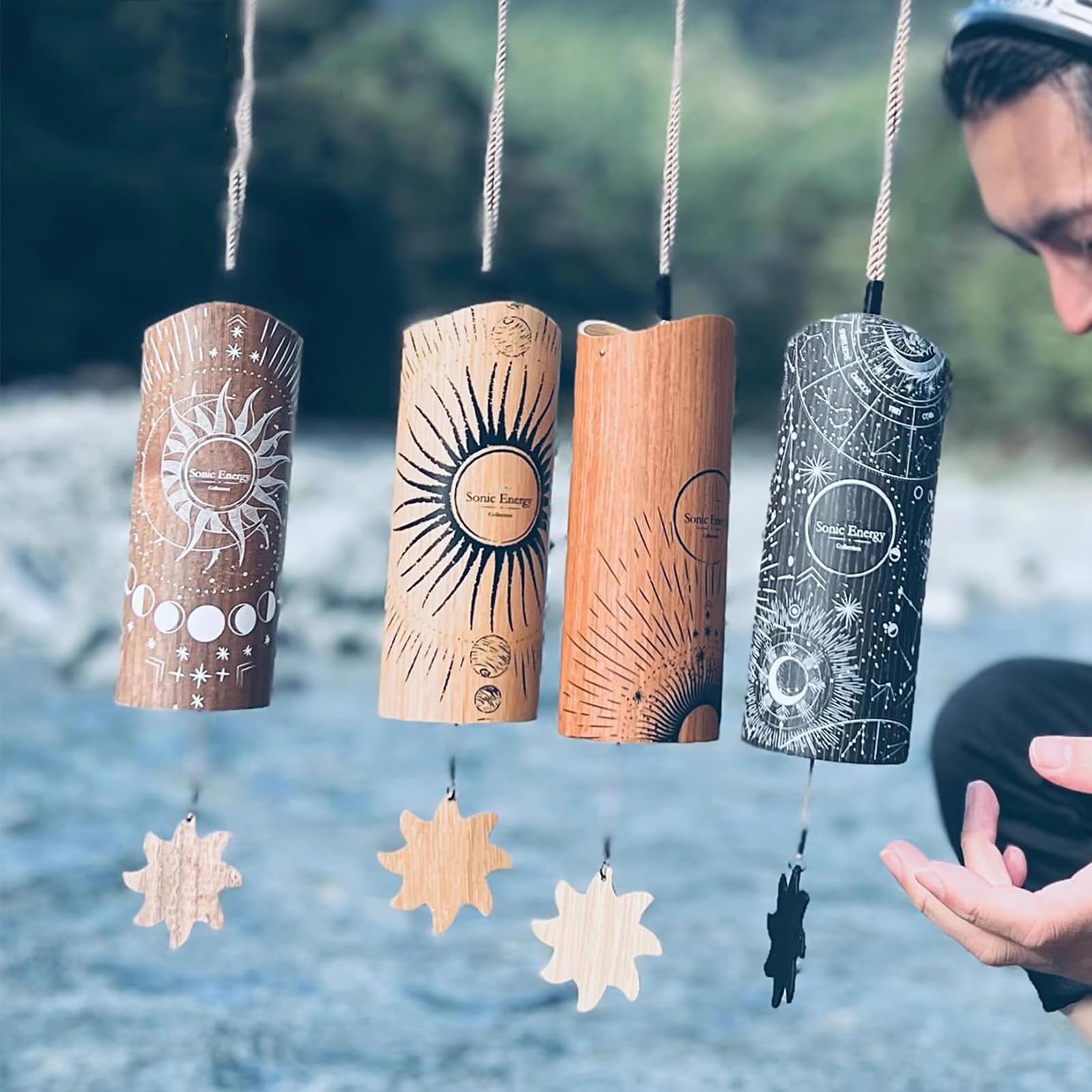 Lot de 4 carillons éoliens en bambou avec sac de rangement, tonalité énergétique sonique 432 Hz pour la guérison par le son, la méditation et le yoga