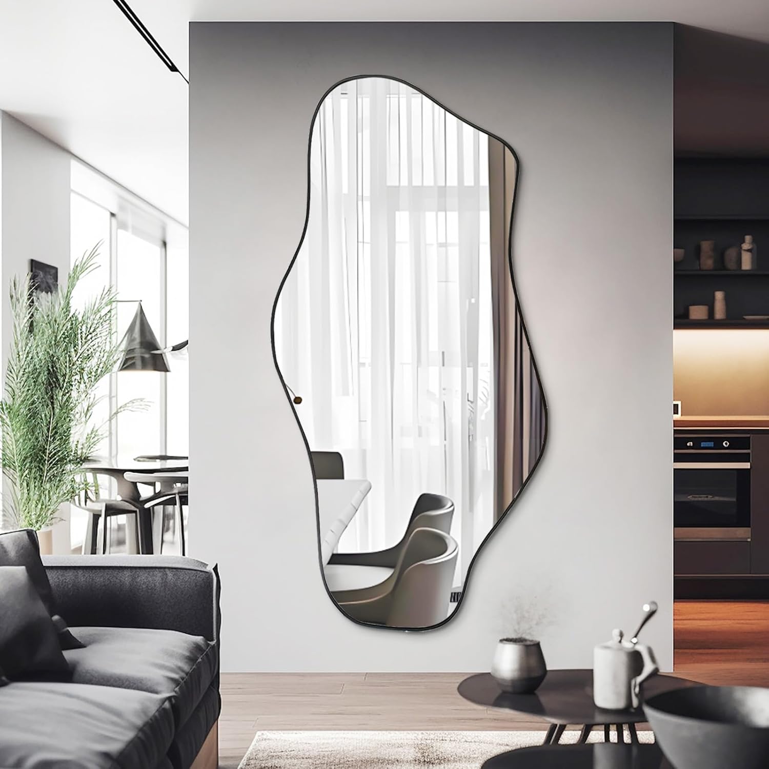 Large Irregular Mirror, Asymmetrical Full Length Mirrors, 59"x25.5" Frameless Abstract Mirror Decorative, Wavy Shaped Mirrors for Living Room Bathroom Bedroom Hallway Entryway Fireplace 59"Lx25.5"W Black