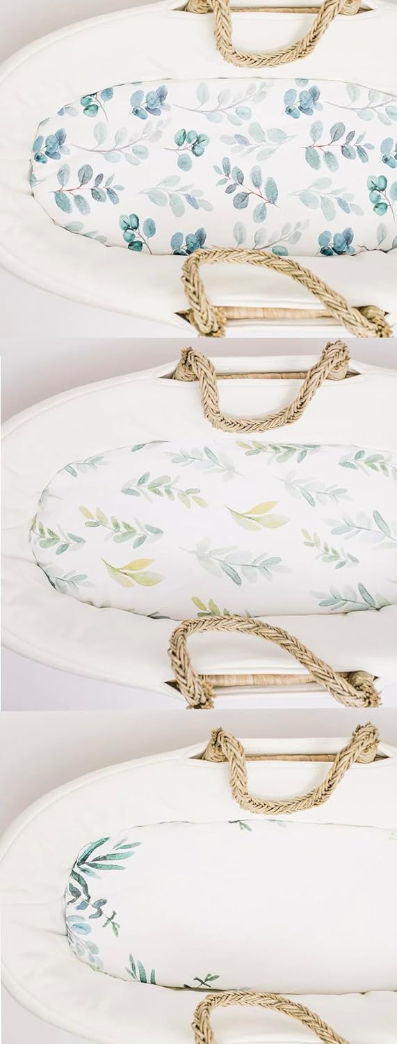 NODNAL CO. Bassinet Sheets 3 Pack Set 100% Oeko-TEX Cotton Baby Girl/Boy - Gender Neutral Leaves Floral Eucalyptus Greenery Cradle/Moses Basket Hourglass Oval Rectangle Mattress (3 Pack (All Styles))