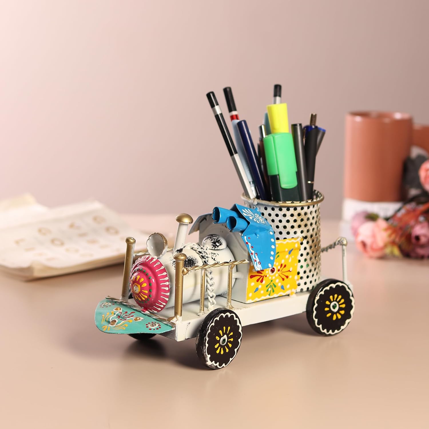 Habere India-All the Cultures Fabricating India Pen Holder Table Decor for Office | Antique Table Decor | Metal Table Decor | Gifting Desk Organiser | Decorative Pen Holder (Train Engine Pen Holder)