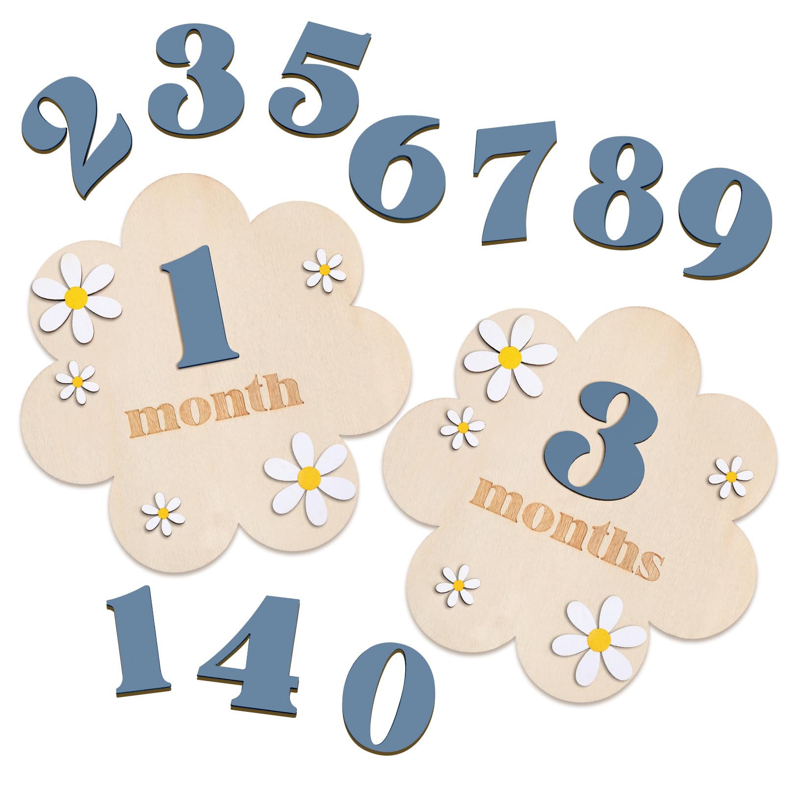 Burbell 3D Wooden Daisy Baby Monthly Milestone Sign Cards 1-12 Months Interchangeable Monthly Milestone Wood Discs Announcement Sign for Baby Shower