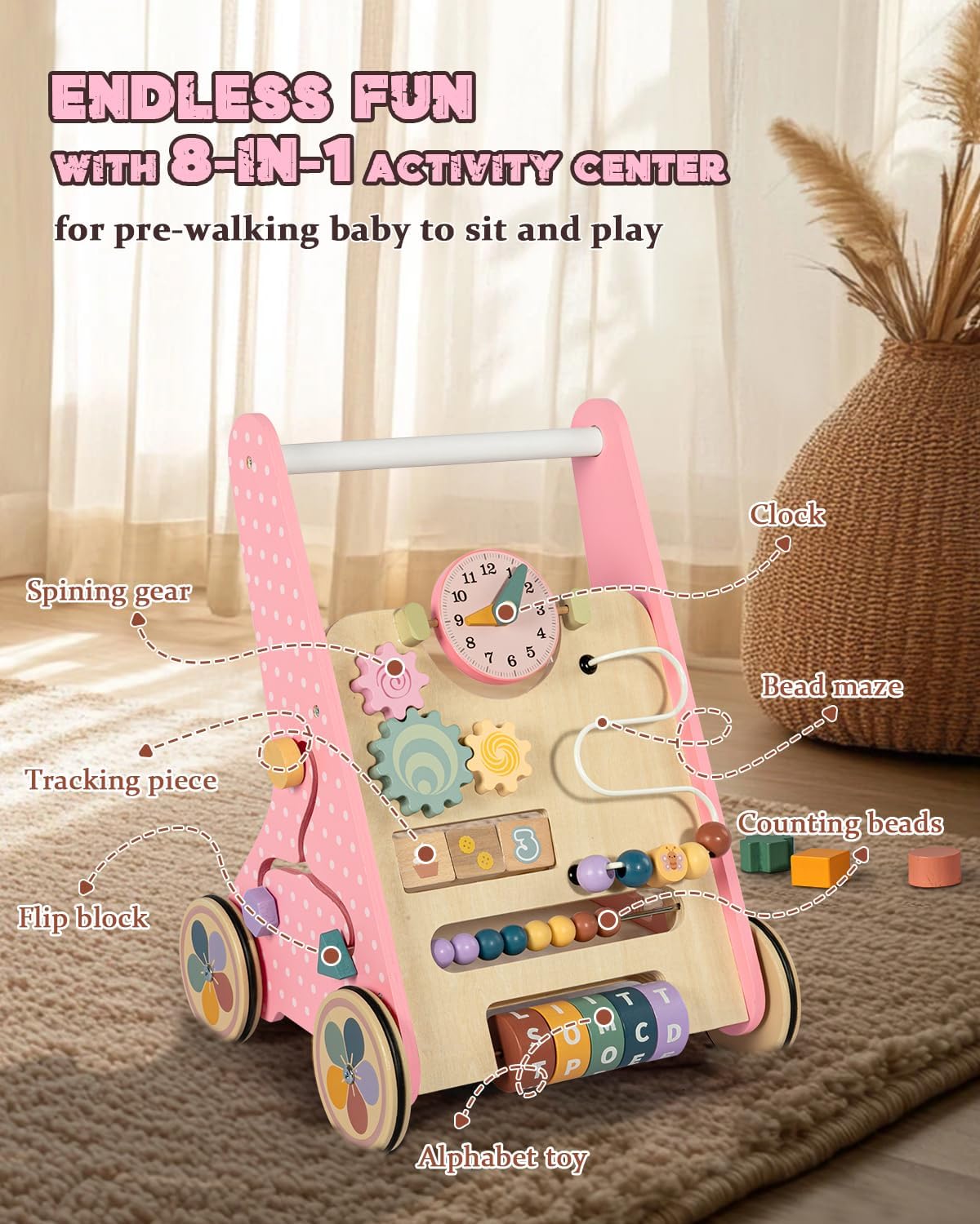 LOL-FUN Baby Lauflernwagen Holz, Rosa,Small | Lernspielzeug für Spaziergänge, Bodenschutz, Montessori, Aktivitätszentrum, 1 Jahr altes Kleinkind