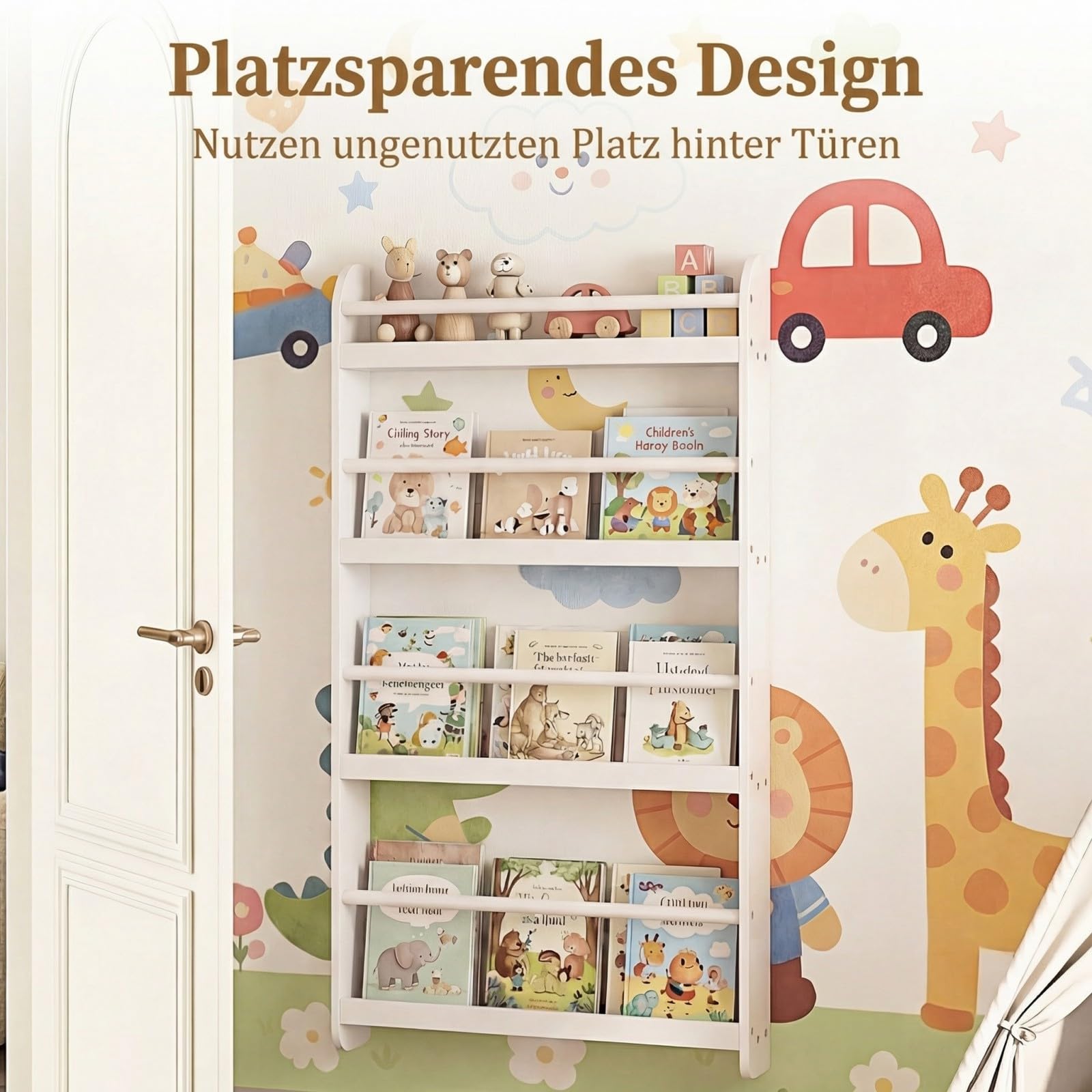 COSTWAY Bücherregal für Kinder, Kinderregal mit 4 Ablagen, Wandregal aus Holz für Spielzeug & Bücher, schmales Montessori Aufbewahrungsregal für Kinderzimmer, Leseecke, 56 x 12 x 107 cm (Weiß)
