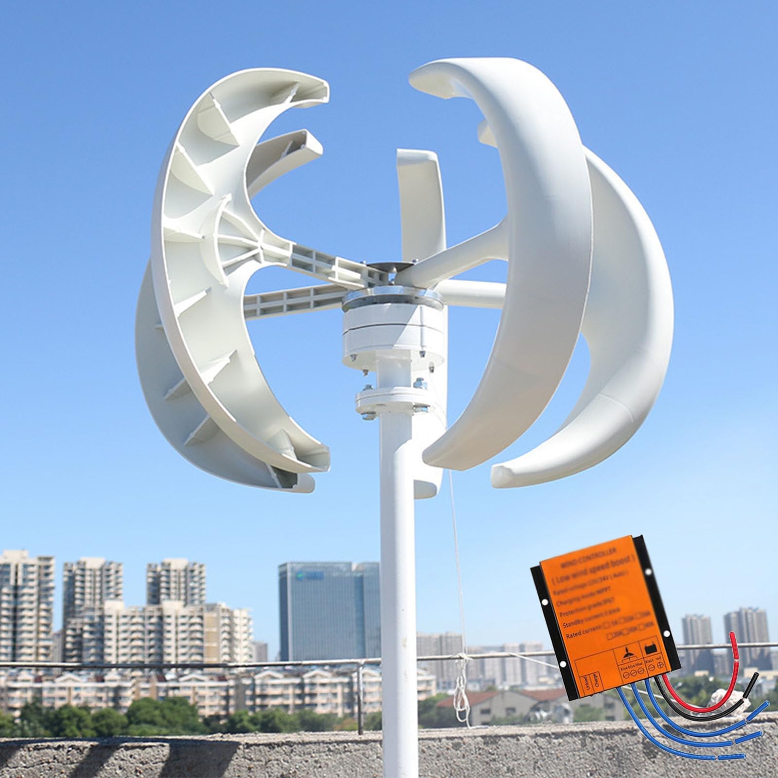 Domowy pionowy generator wiatrowy 5000 W z 5-łopatkowym turbiną i kontrolerem do zasilania awaryjnego poza siecią i ładowaniem akumulatorów.