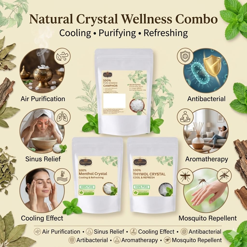 Kapuram Camphor,Menthol Crystal & Thymol CRYSTAL (KAPOOR,PEPPER MINT,AJWAIN PHOOL)| Combo 150gm (50+50+50) 1